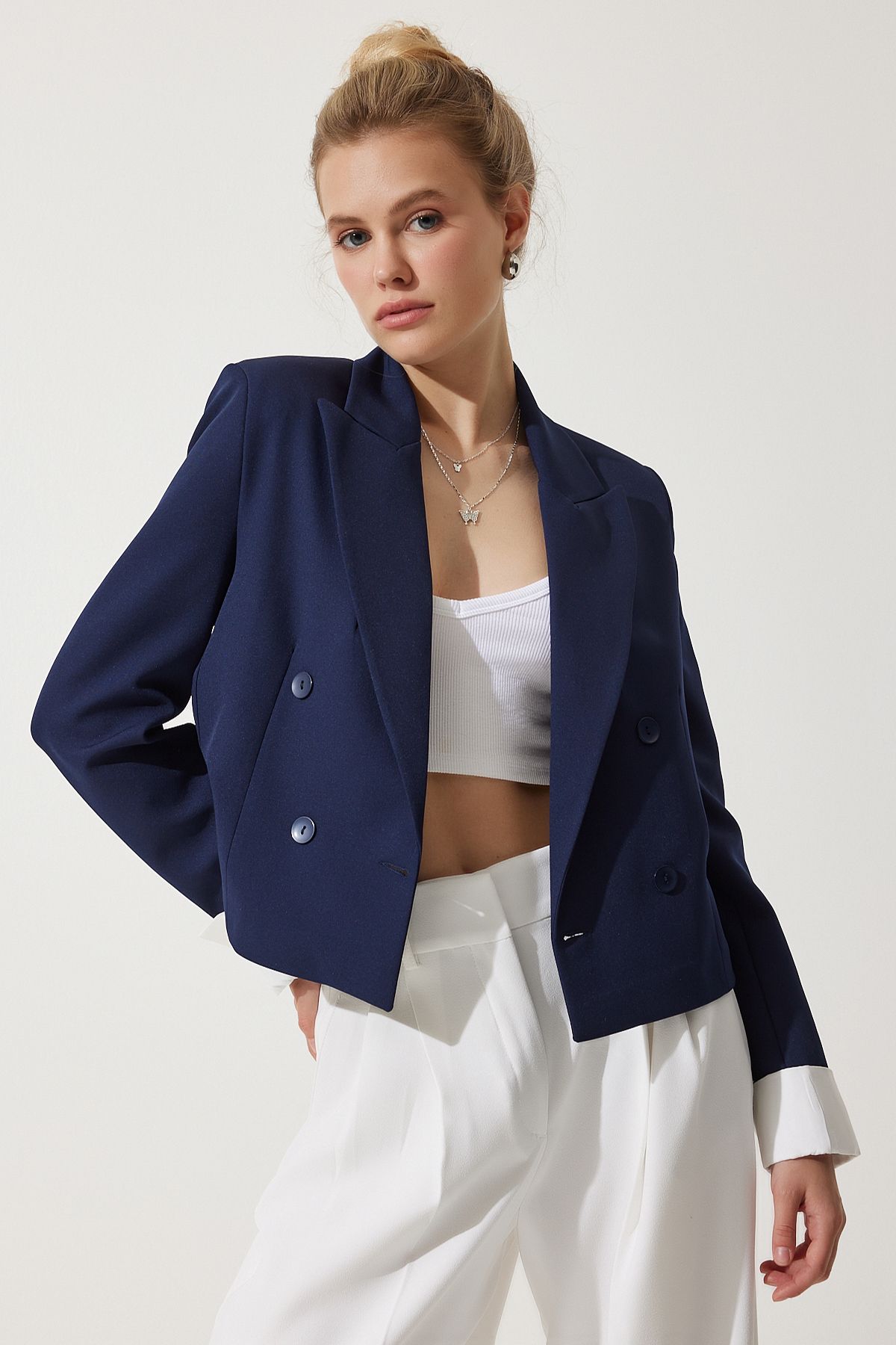 Woman Navy Blue Contrast Cuff with Short Blazer Jacket WF00070