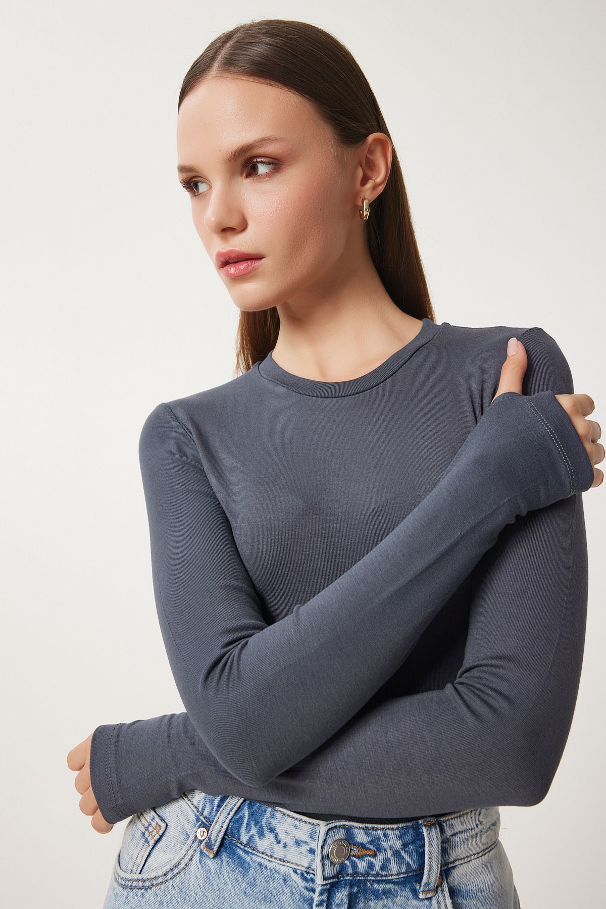 Woman anthracite bicycle collar Basic knit blouse CR00439