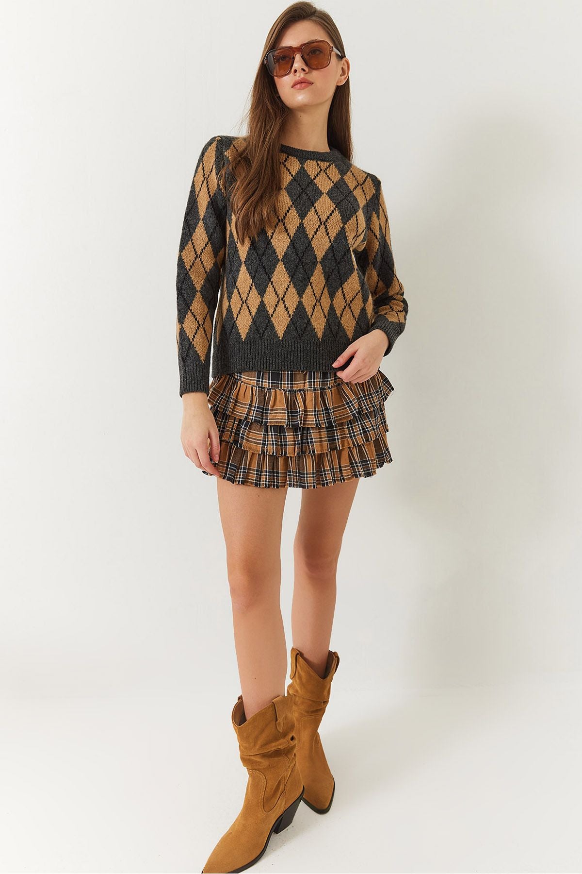Female Bike Neck Baklava Patterned Sweater 241192 60261036