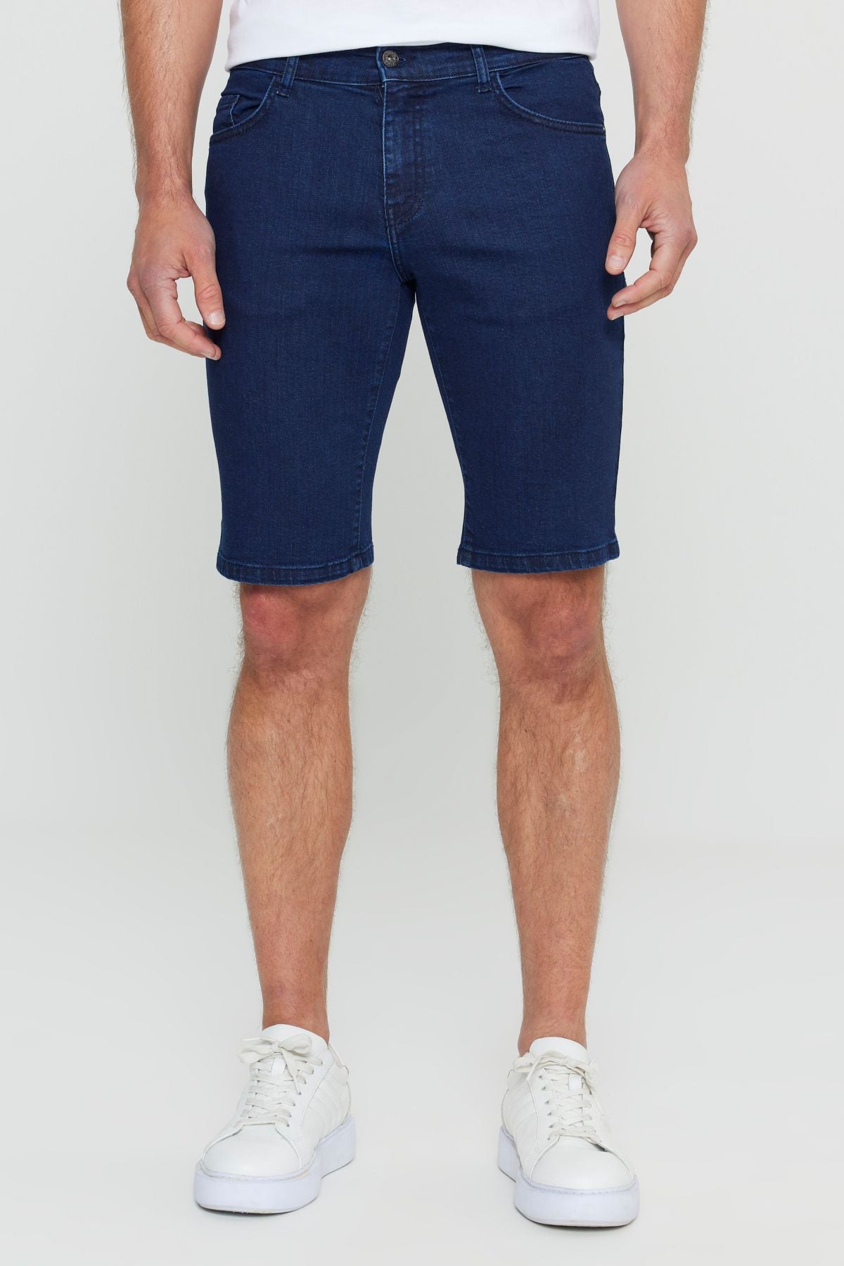 Men's dark navy blue slim fit narrow cut cotton flexible denim shorts