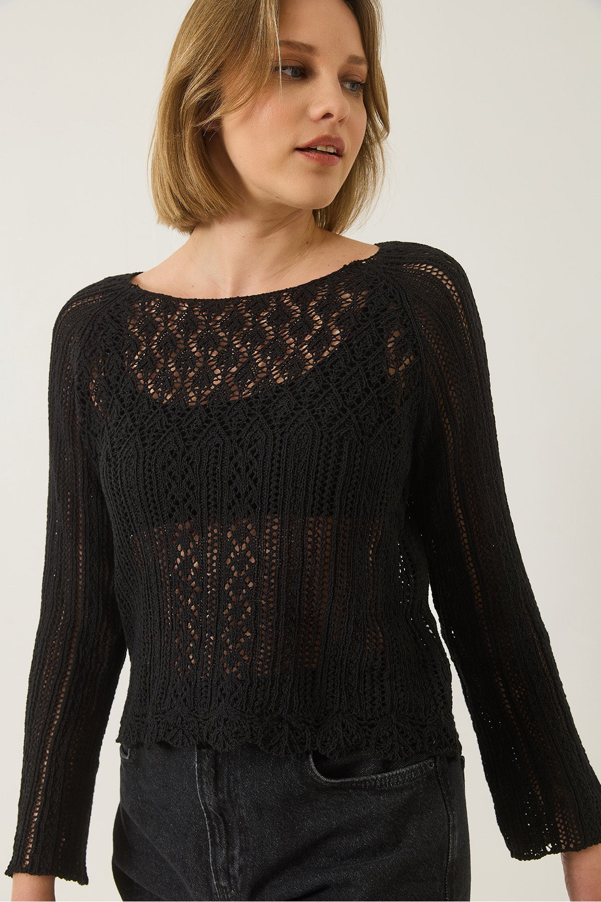 Women's Boat Neck Openwork Knitted Knitwear Blouse 60261567