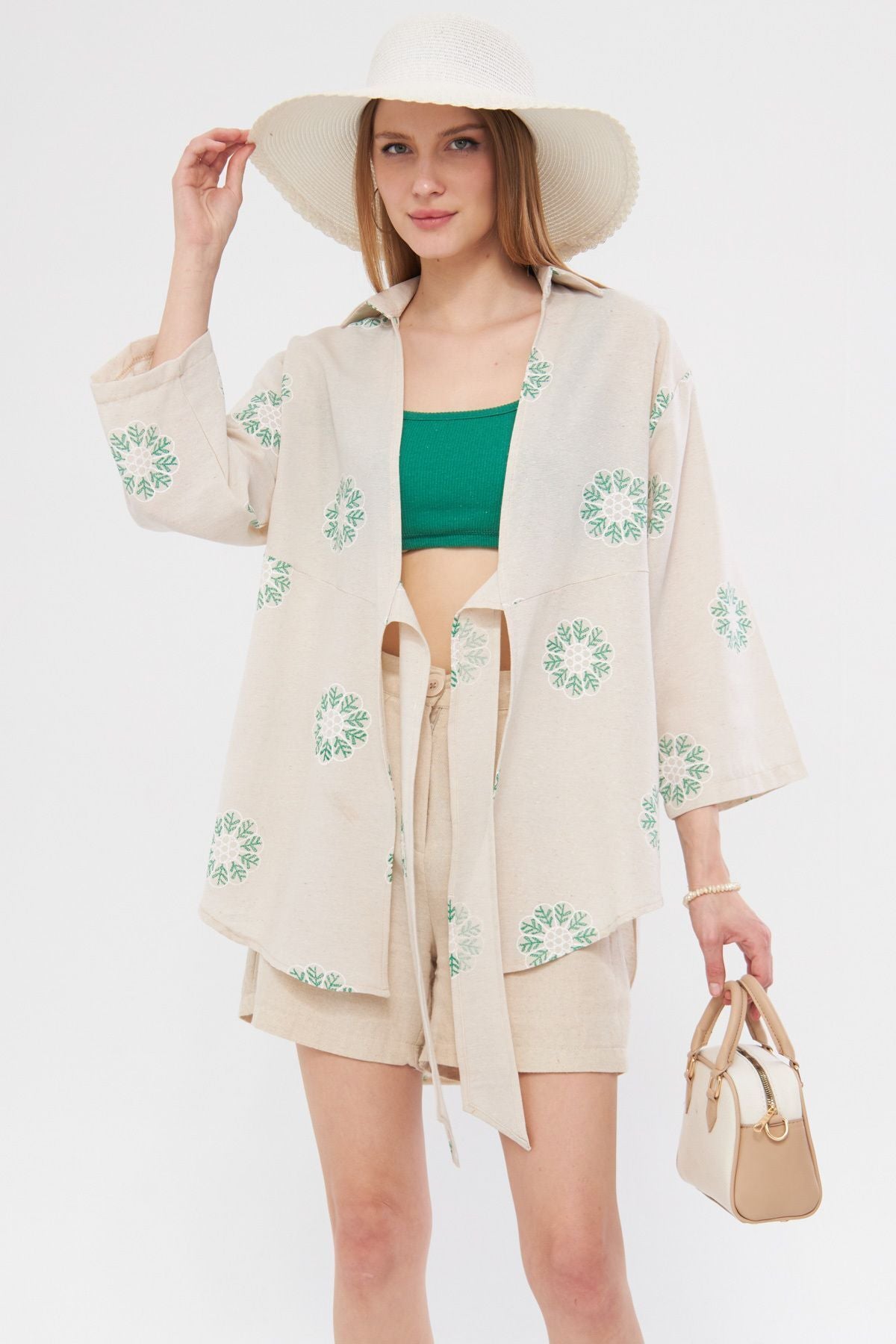 Woman Light Green Patterned Linen-looking front-binding kimono shirt ARM-24Y001079