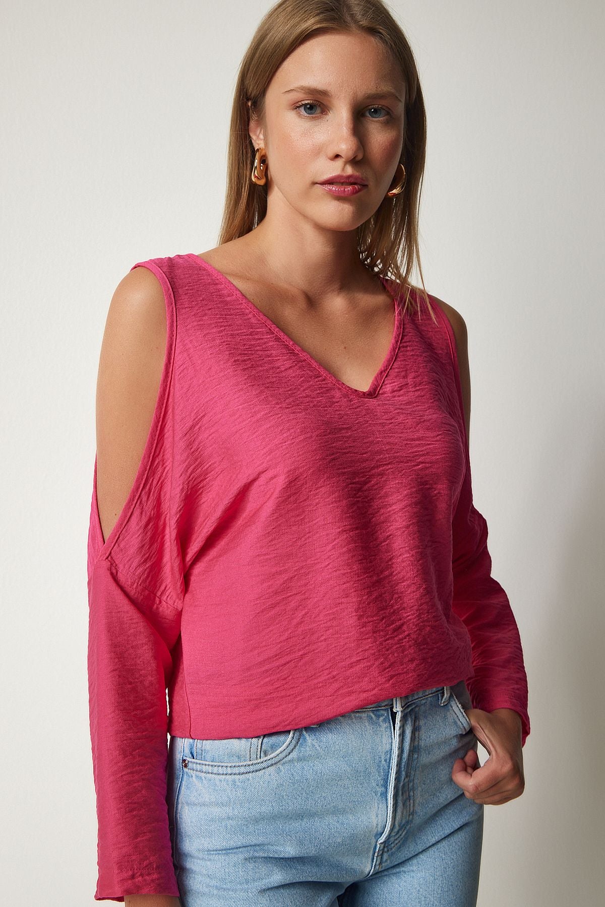 Woman Pink Shoulder Shoulder Drawn ayrobin blouse to00080