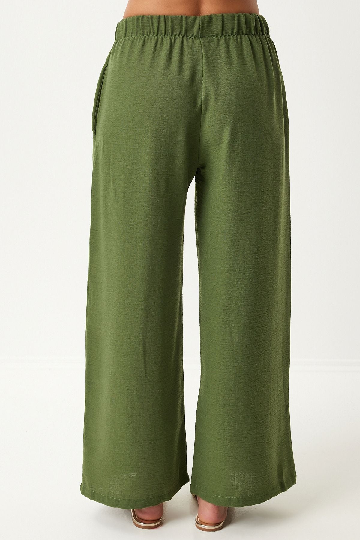 Female khaki large pocket linen mixed shirt pants set FN03205