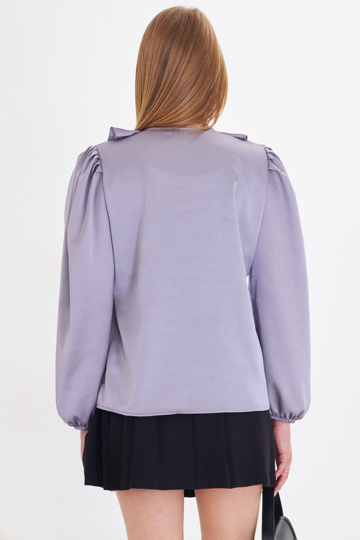 Female gray collar frilled shoulder shirred arm tire cotton satin blouse ARM-22K001059