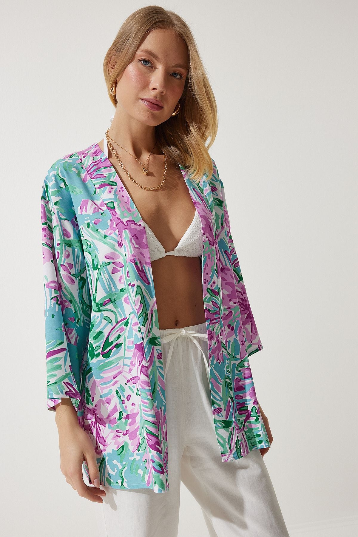 Female Cagla Green Pink Patterned Viscose Kimono EN00615