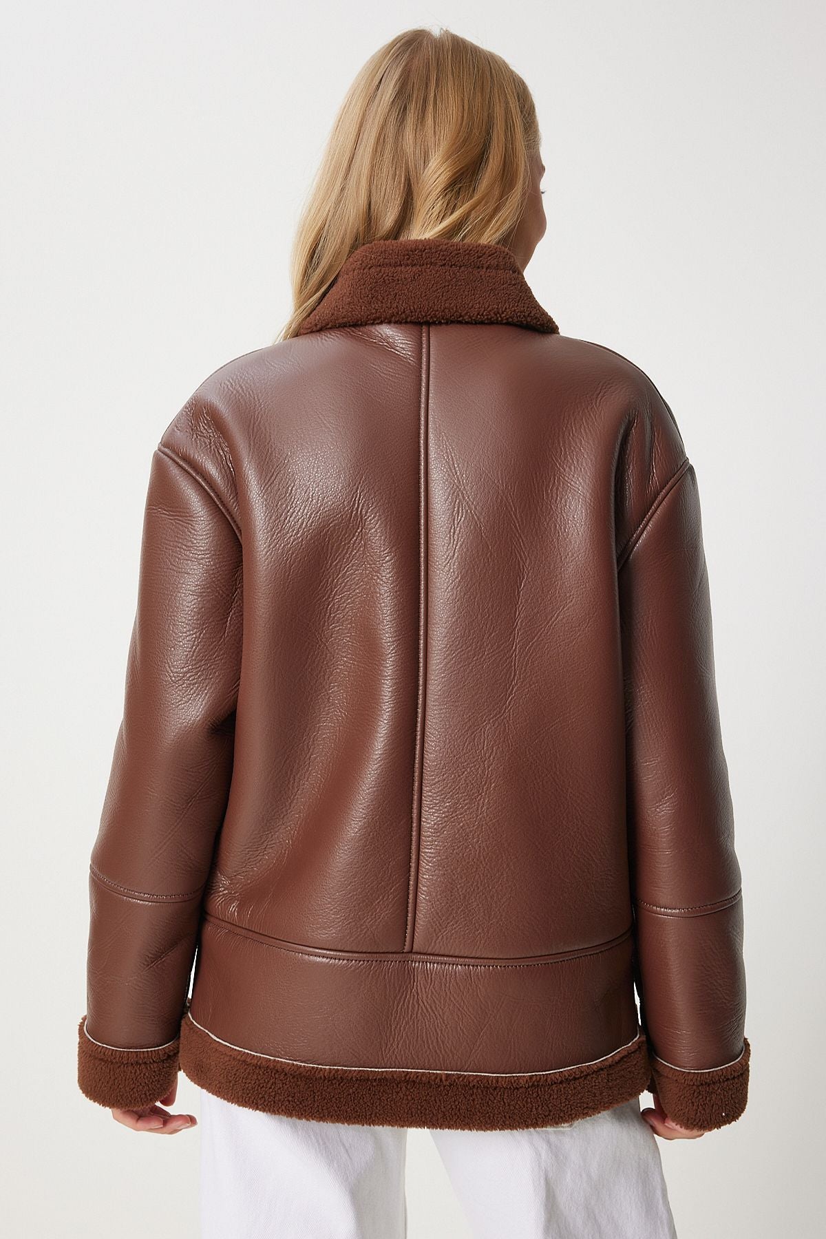 Female Brown Artificial Fur Artificial Leather Biker Jacket RV00202