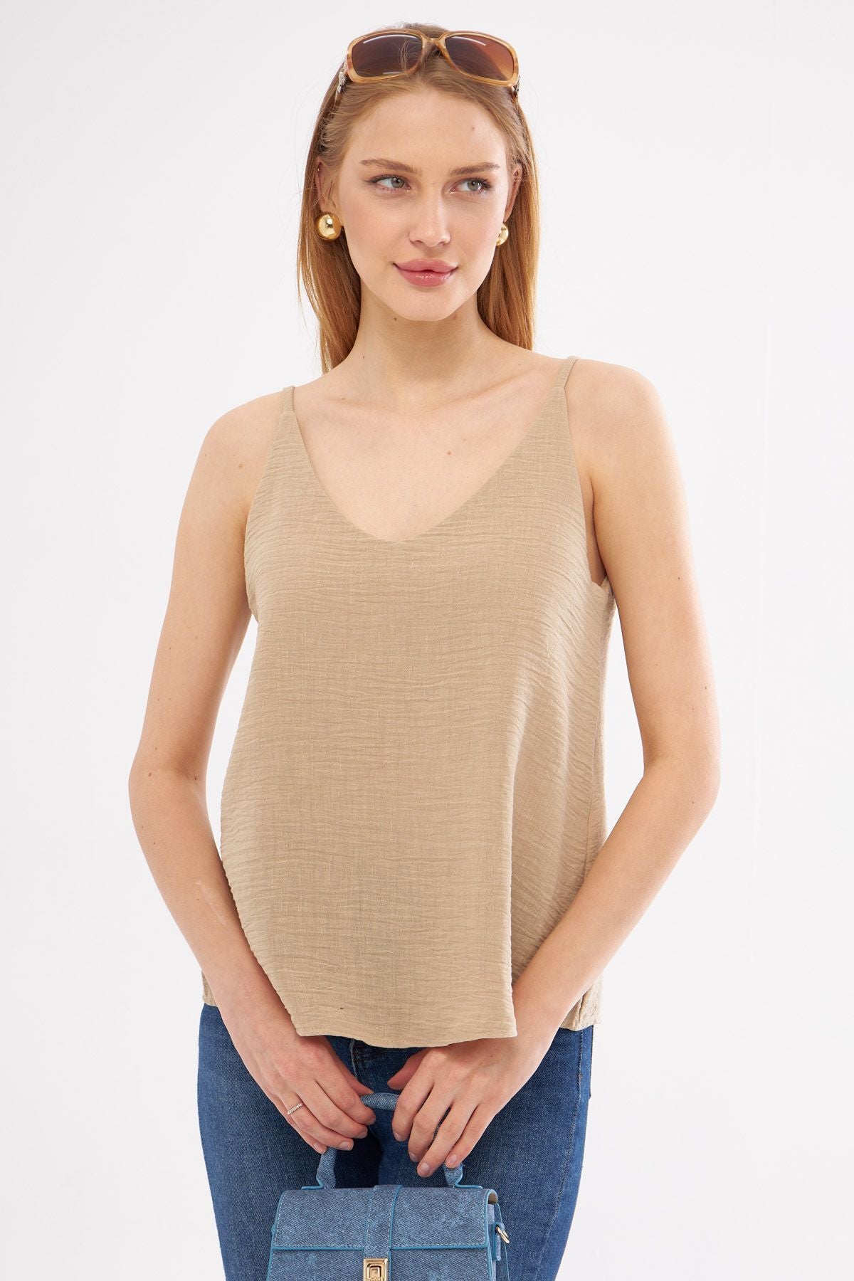 Woman Light Beige Linen Looking Hanger Blouse ARM-24Y001064