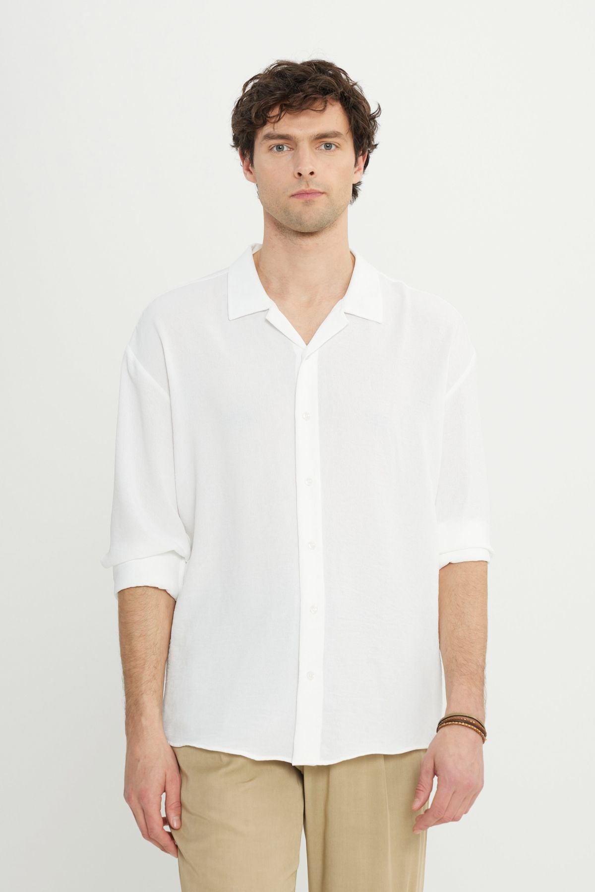 Men's White Comfort Fit comfortable cut hawai collar jacquard shirt