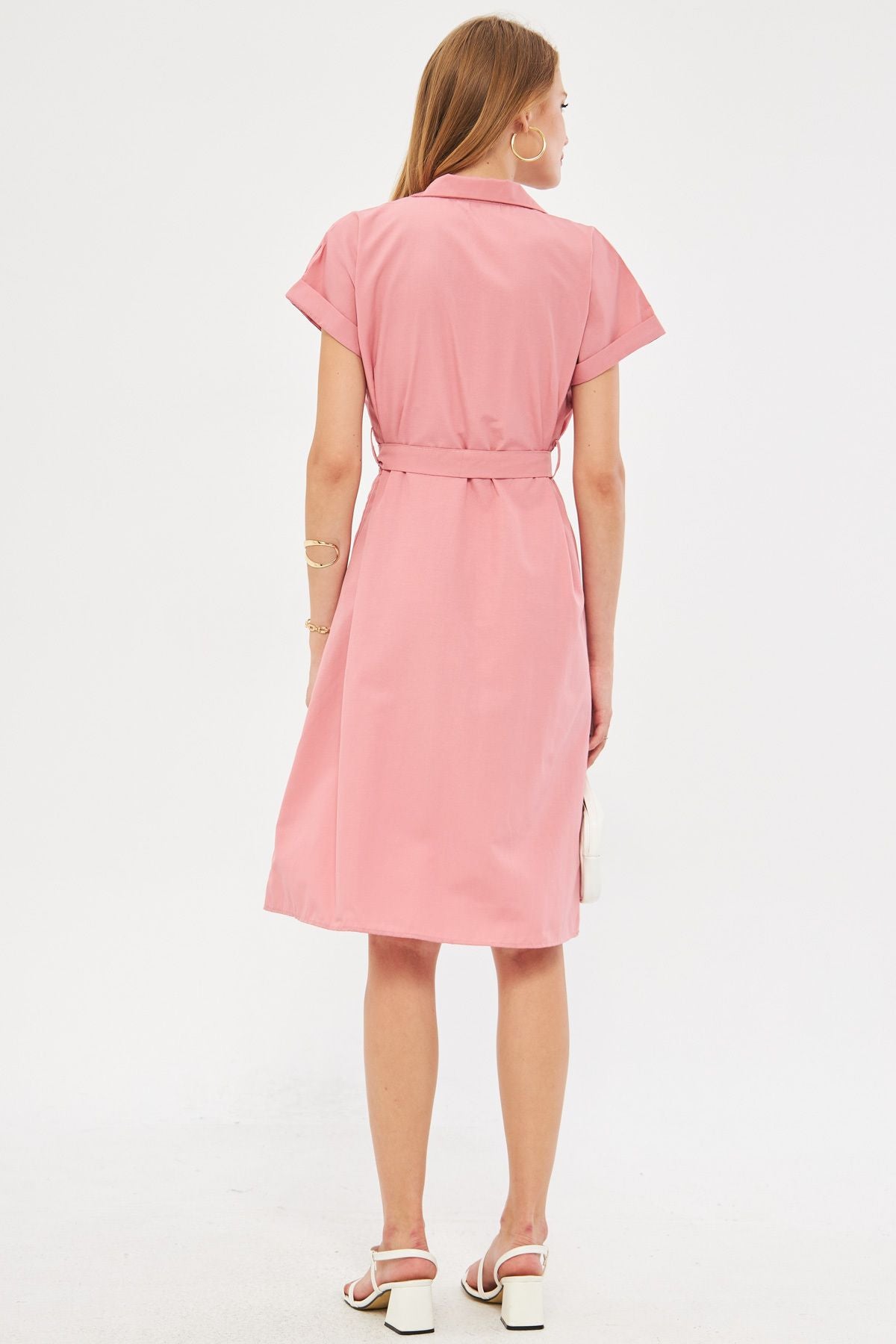 Woman Pink Waist Belt Short Sleeve Shirt Dress ARM-19Y001068