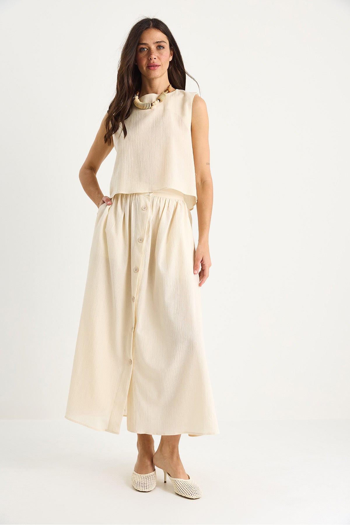 Women's Thick Strap Short Blouse Button Detailed Flared Long Skirt Linen Bottom-Top Set 9322 60281055