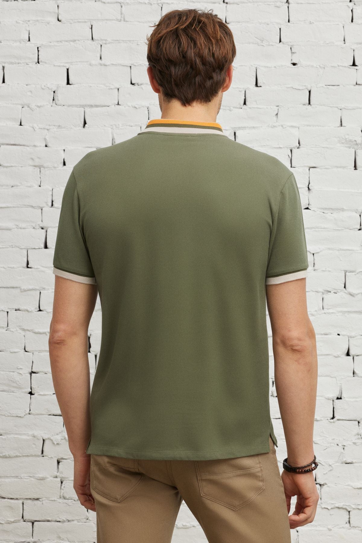 Male Khaki Slim Fit Narrow Cut 100 %Cotton Curiated Polo Yaka T -shirt