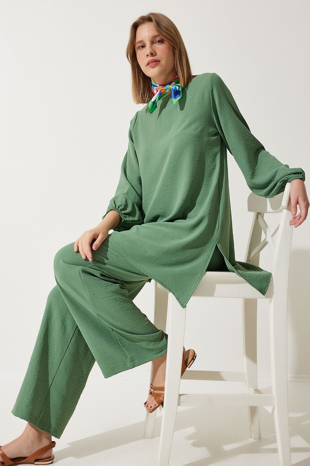 Female Green Duped Tunic Palazzo Knitting Set to00133