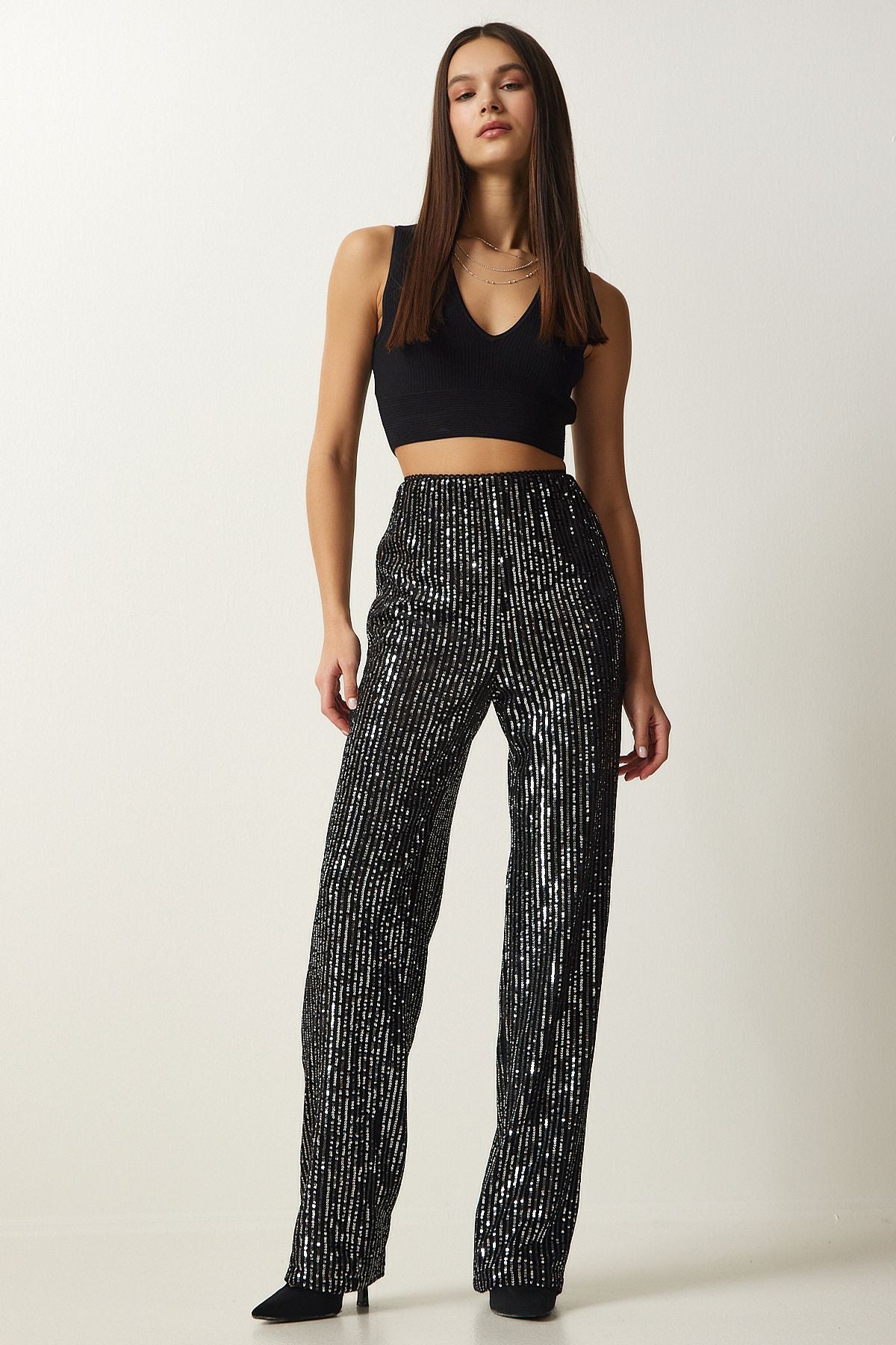 Women's gray stamp sequin palazzo pants MC00250