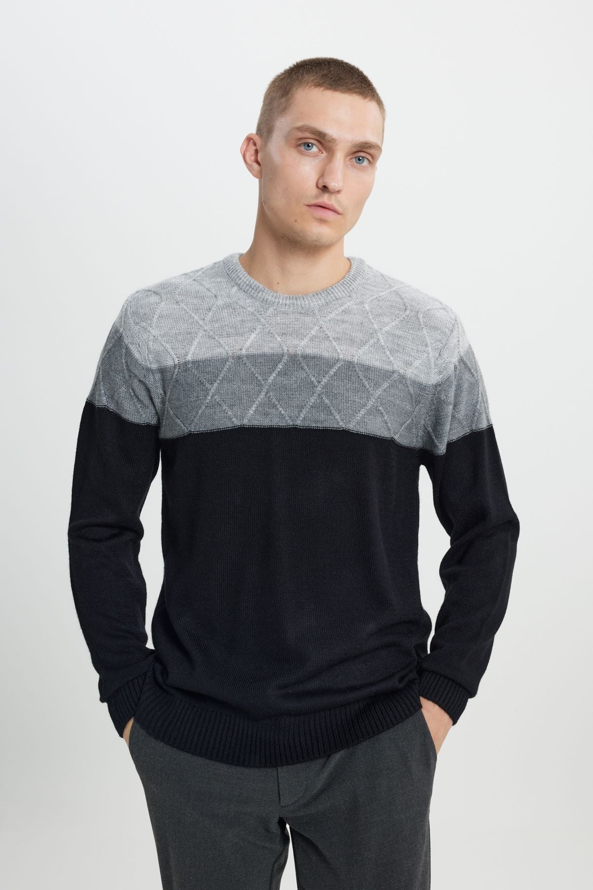 Men's Gray-Black Standard Fit Normal Cut Normal Class Colorblock Patterned Knitwear Kazakh