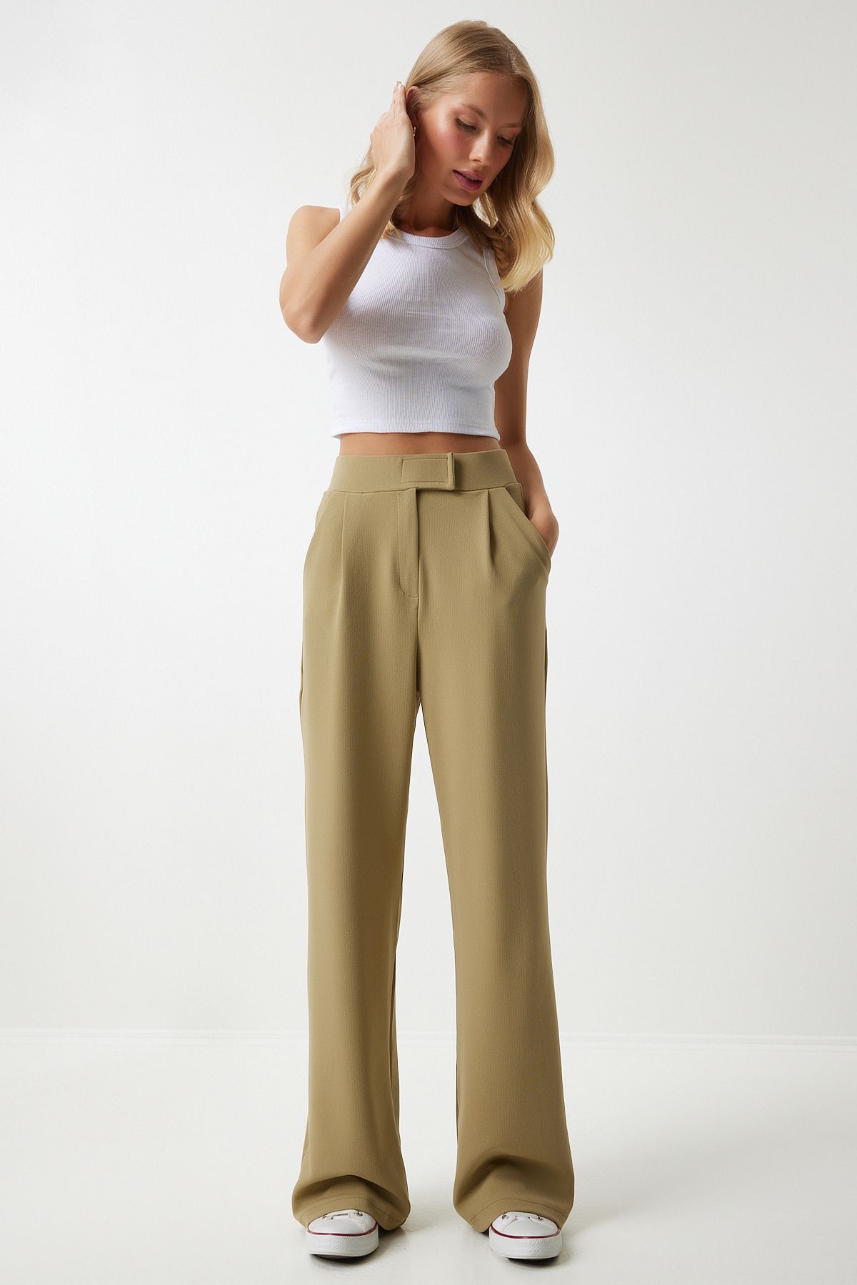 Woman Open Khaki Waist Calcare Casual Woven Pants RV00150