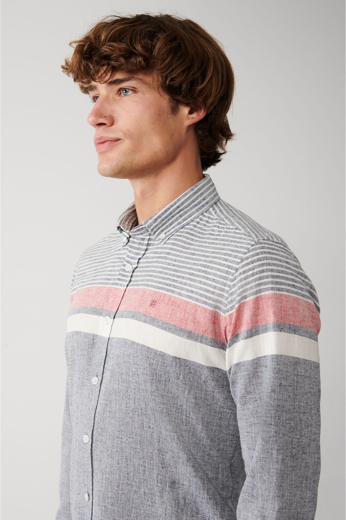 Men's navy blue cotton linen mixed striped shirt A31y2264