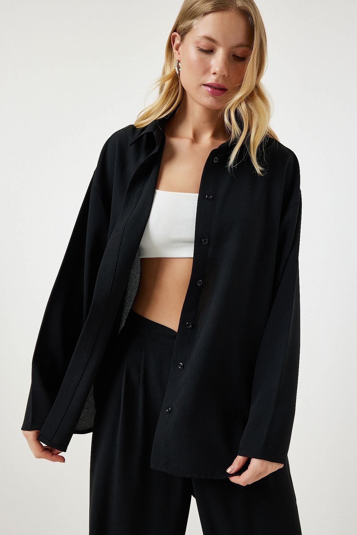 Female black seasonal weaving shirt palazzo pants set RV00174