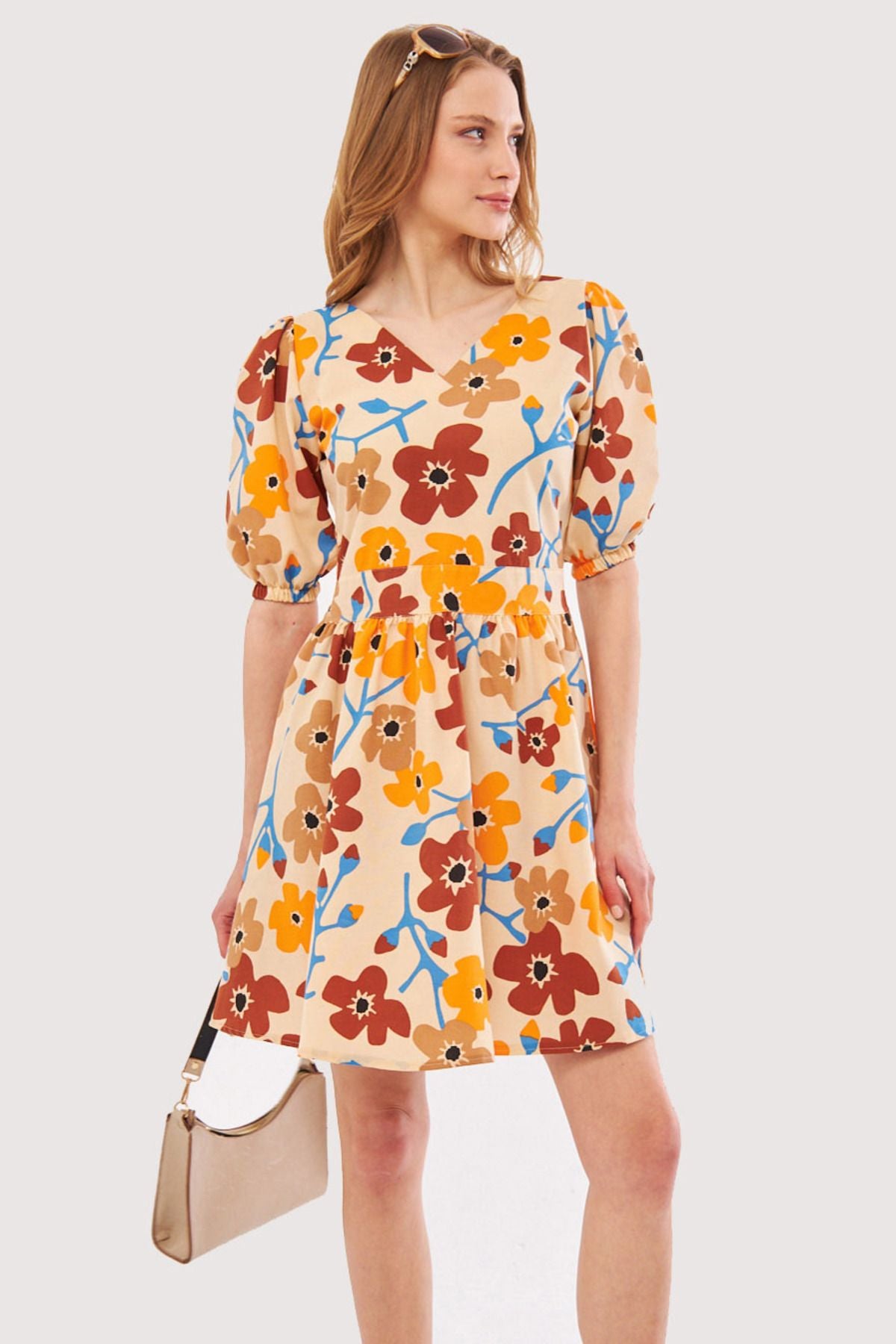 Female Beige front rear V-neck balloon sleeve belt detailed mini dress ARM-24Y001016