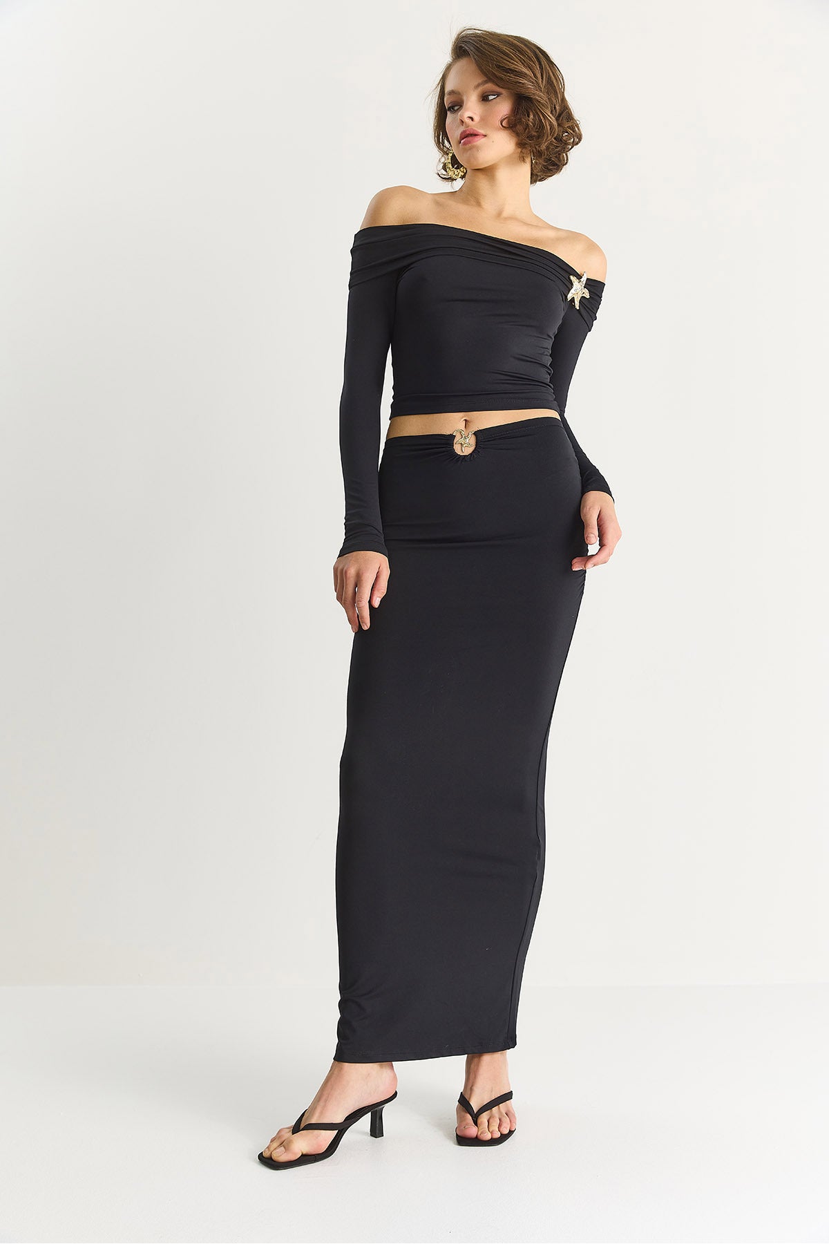 Women's Accessory Detailed Collar Collar Blouse Long Skirt Lycra Saran Suit 10873 60283552