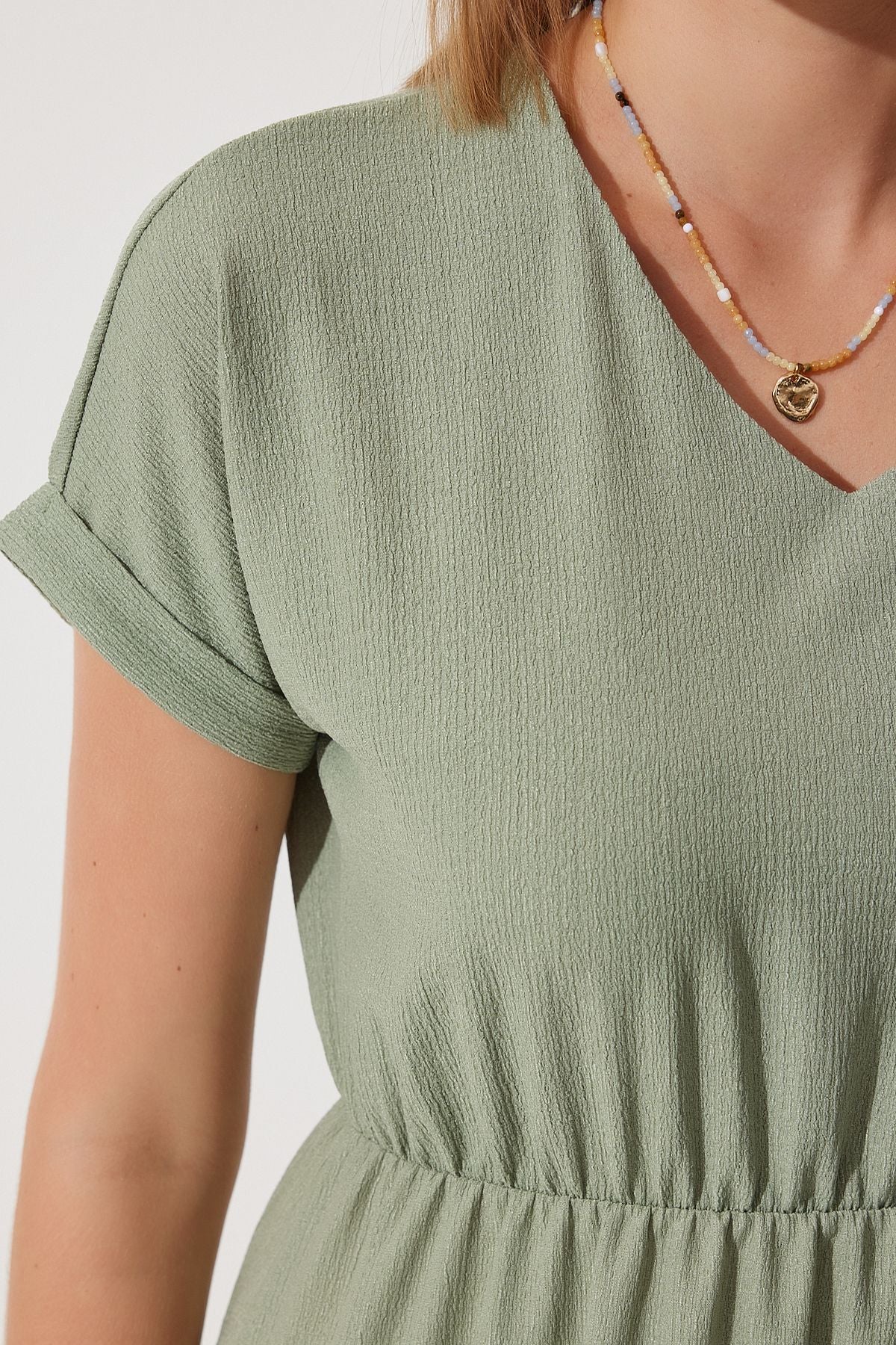Women's Cagla Green V -Yaka Silled Summer Daily Knitting Dress DD01319