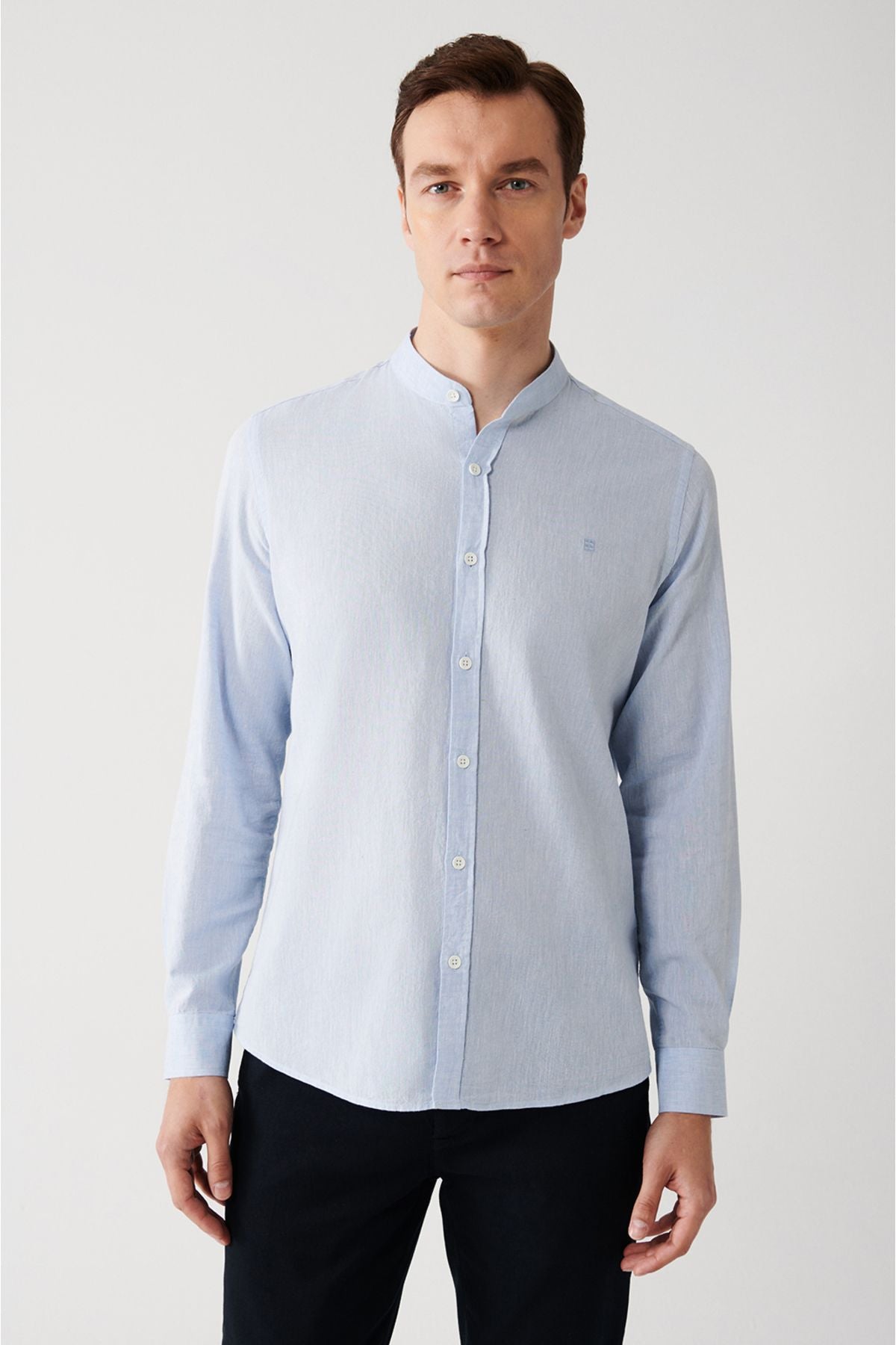 Men's blue dominant collar linen mixed shirt B002027