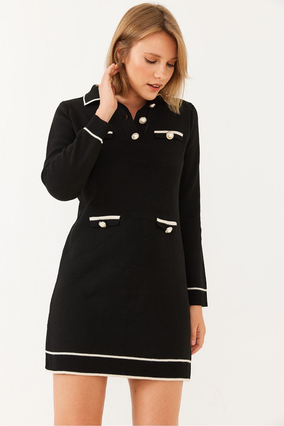 Female Shirt Neck Button and Pocket Detail Long Sleeve Mini Tiko Dress 20246230