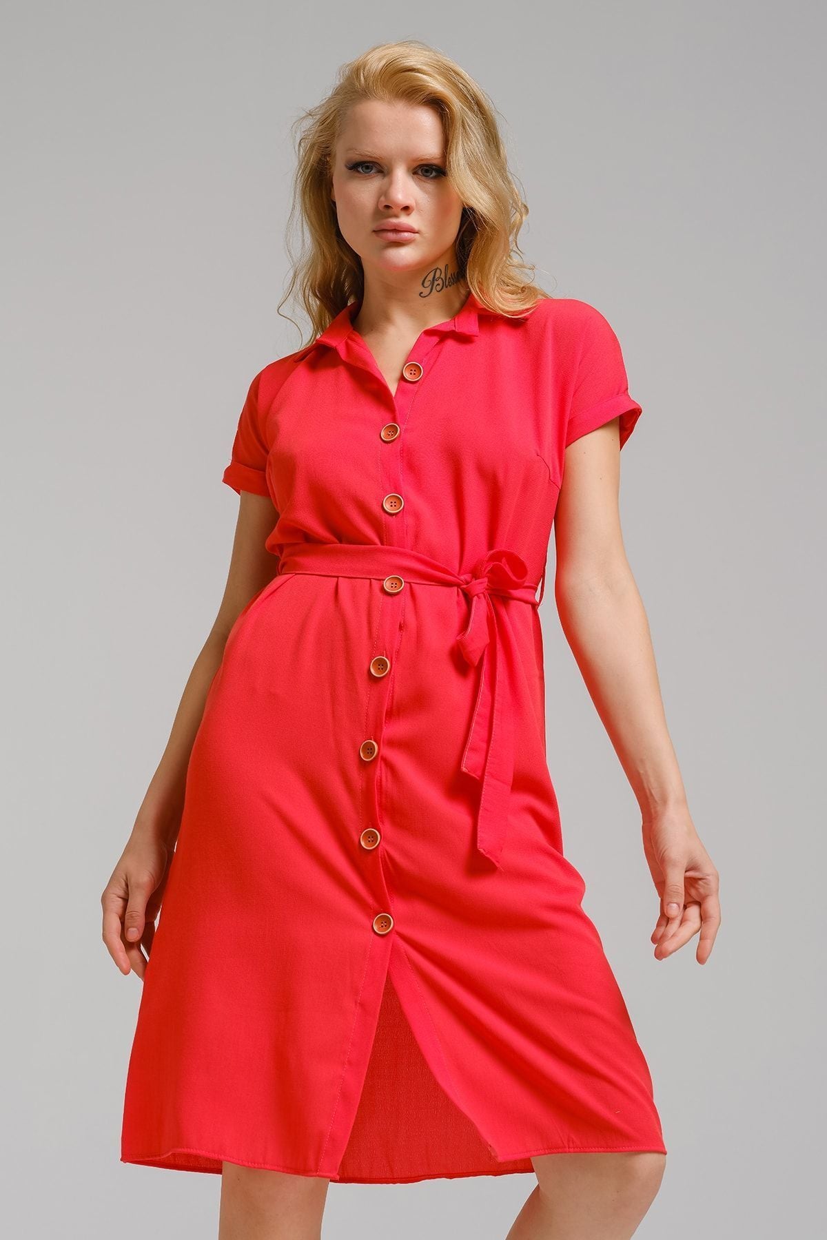 Woman Oranj Waist Belt Short Sleeve Shirt Dress ARM-19Y001068