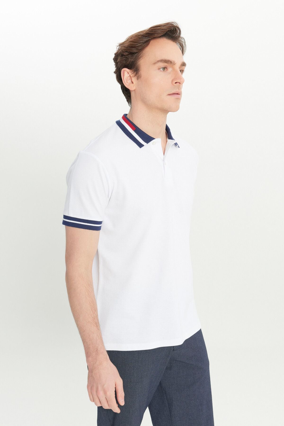 Men's white slim fit narrow cut 100 %cotton Curgered Polo Yaka T -shirt