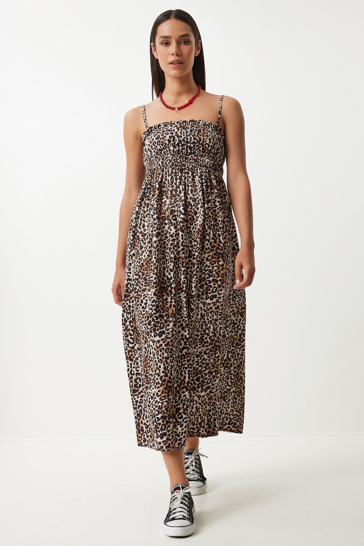 Female Black Beige Leopard Patterned Viscose Dress UB00287