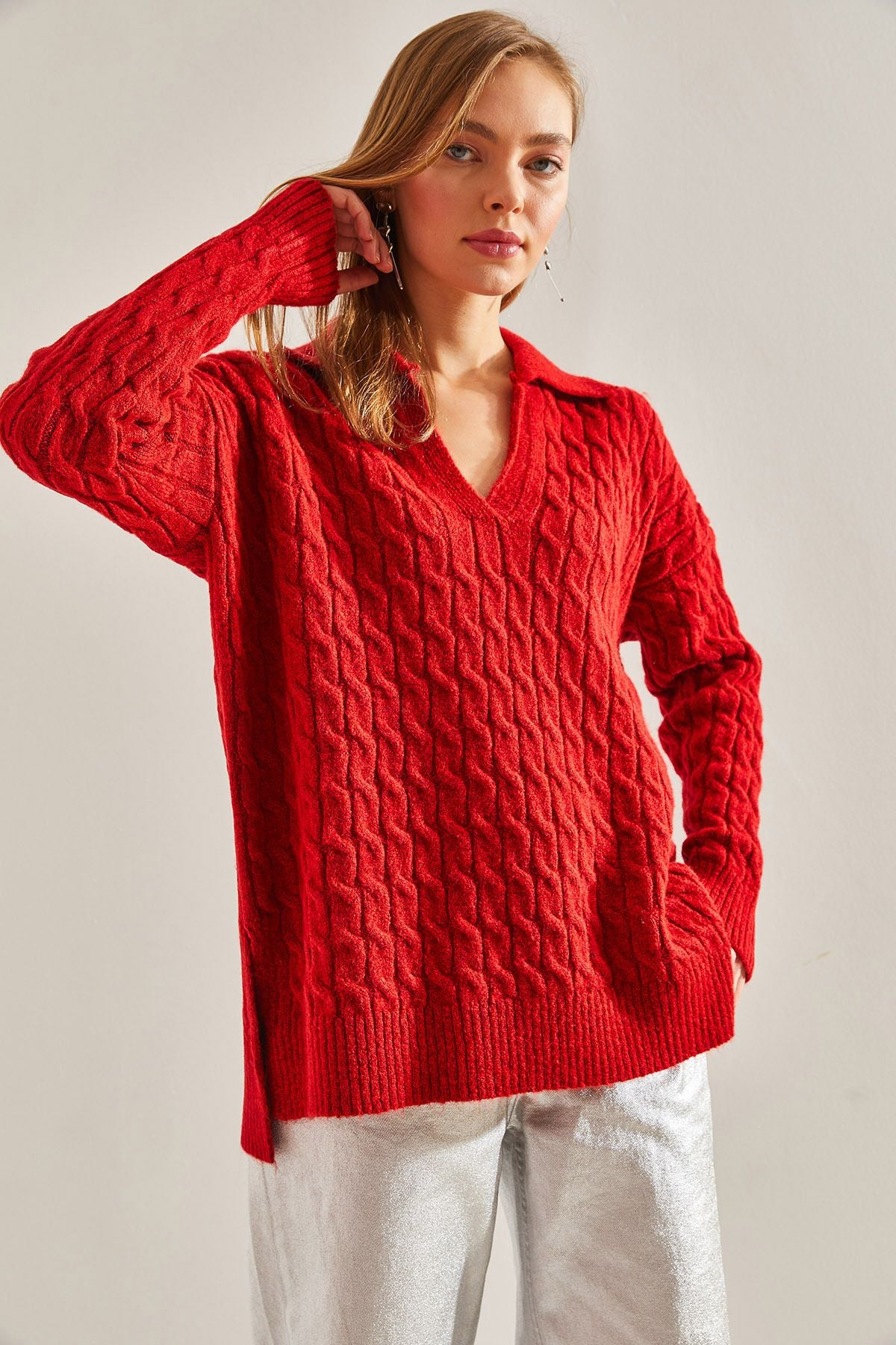 WOMEN V -neck patterned knitwear sweater