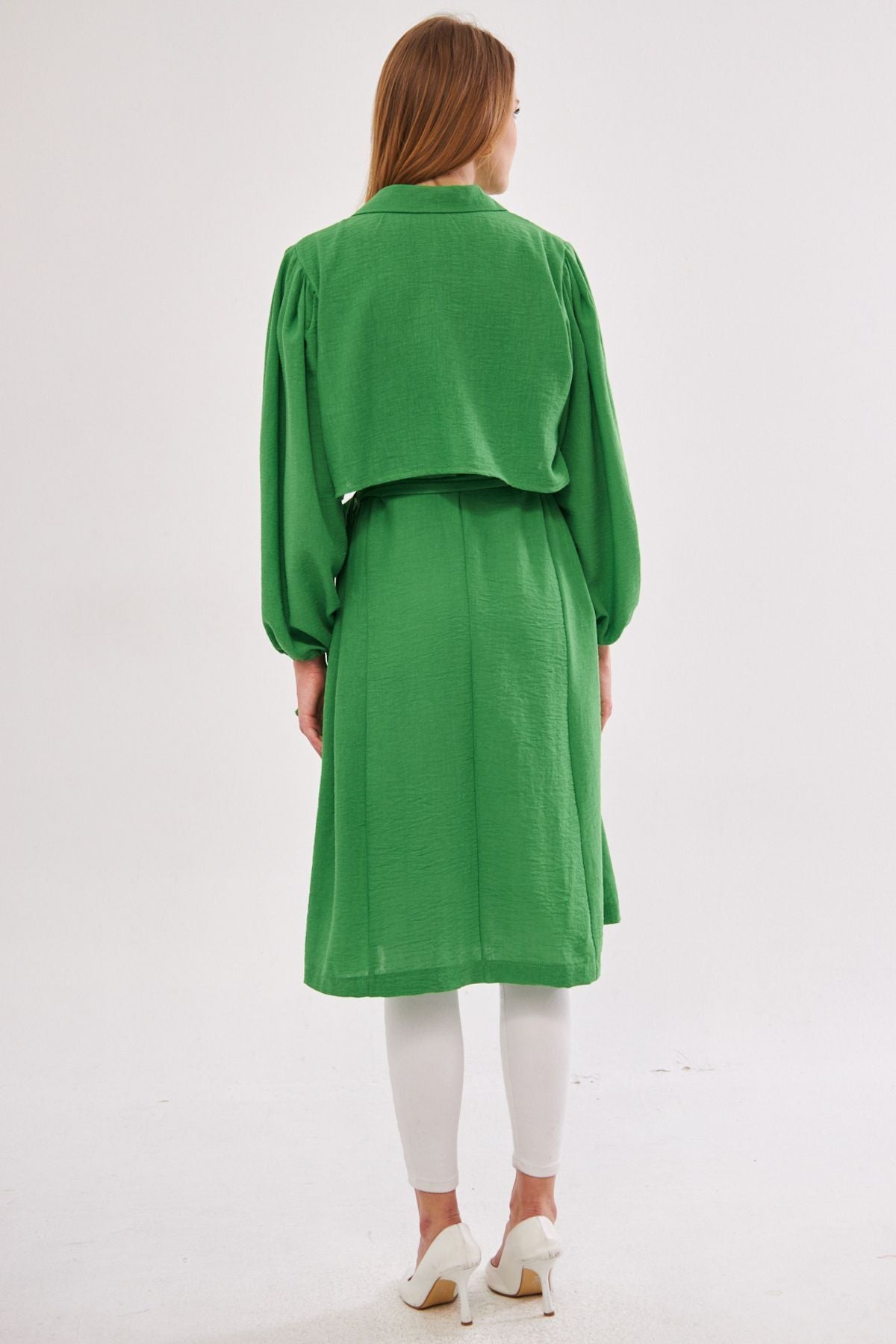 Female Green Ennea Trench coat arms Pleated Belled Arm Mouth Lace Lace Detail Arm-24Y001030