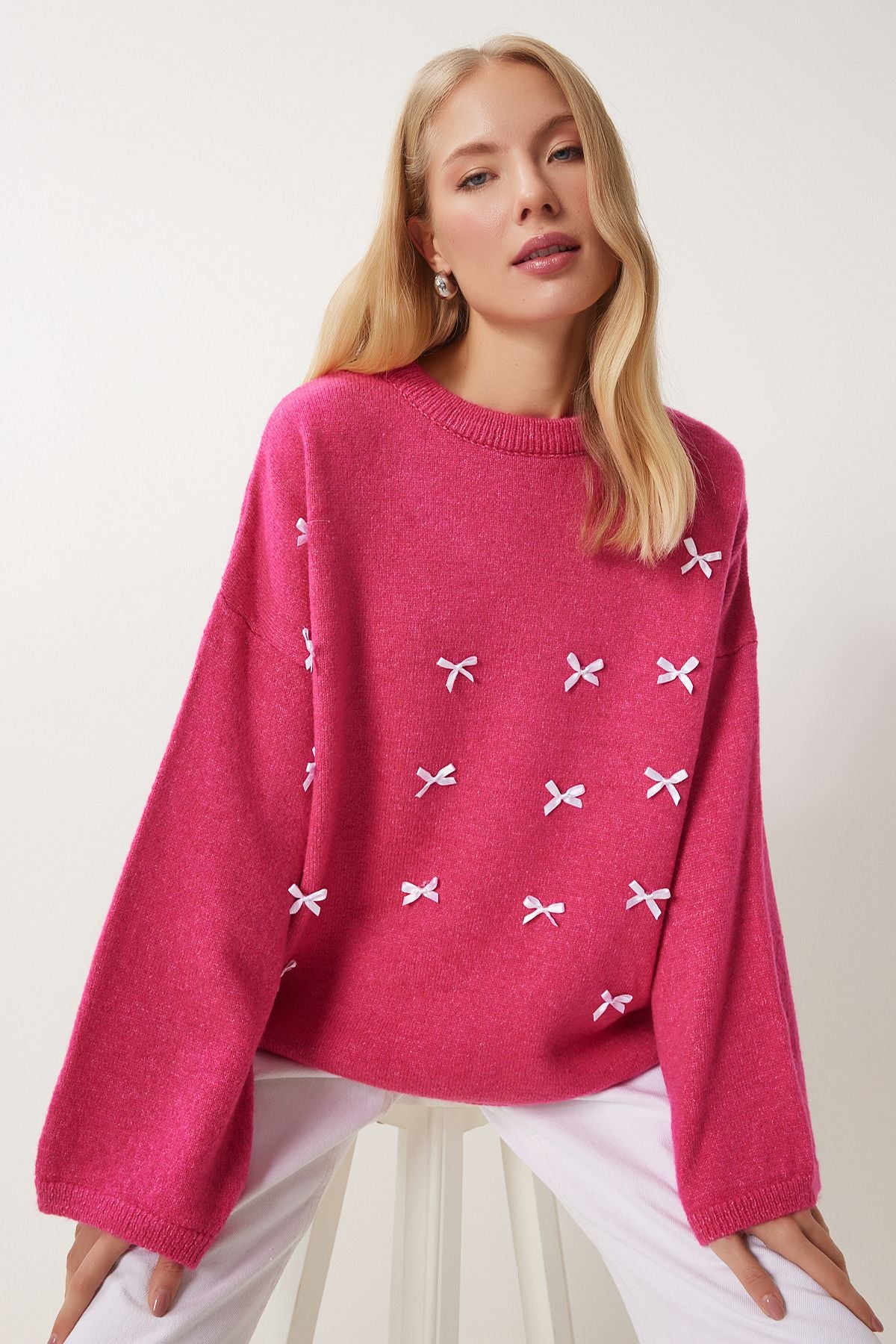 Woman Dark Pink Bow Detailed Oversize knitwear sweater KB00042