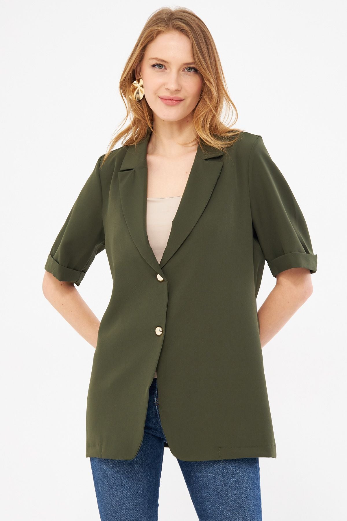 Woman Khaki Short Arm two buttoned oversize jacket ARM-23Y001034