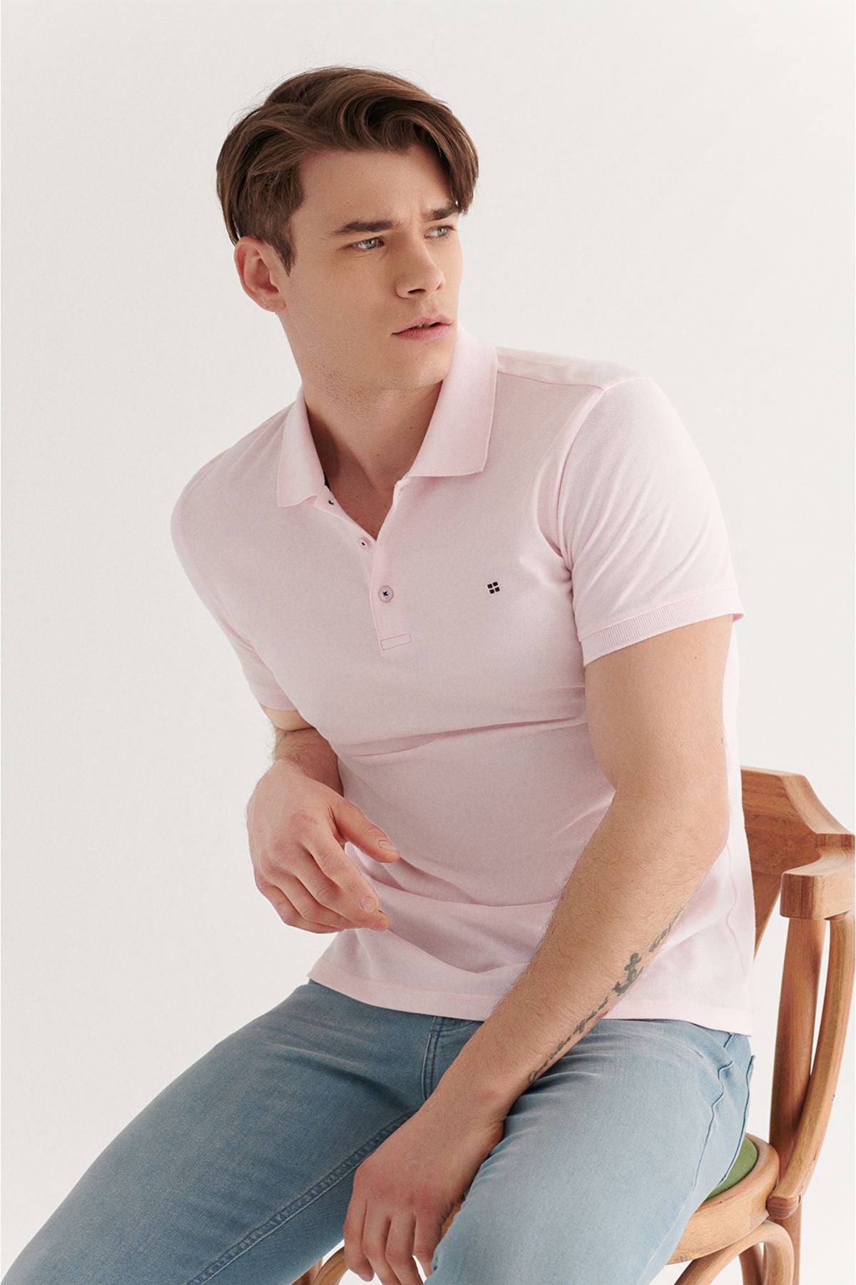 Men's Light Pink Polo collar T-shirt 100 %Cotton Cool Regular Fit E001004