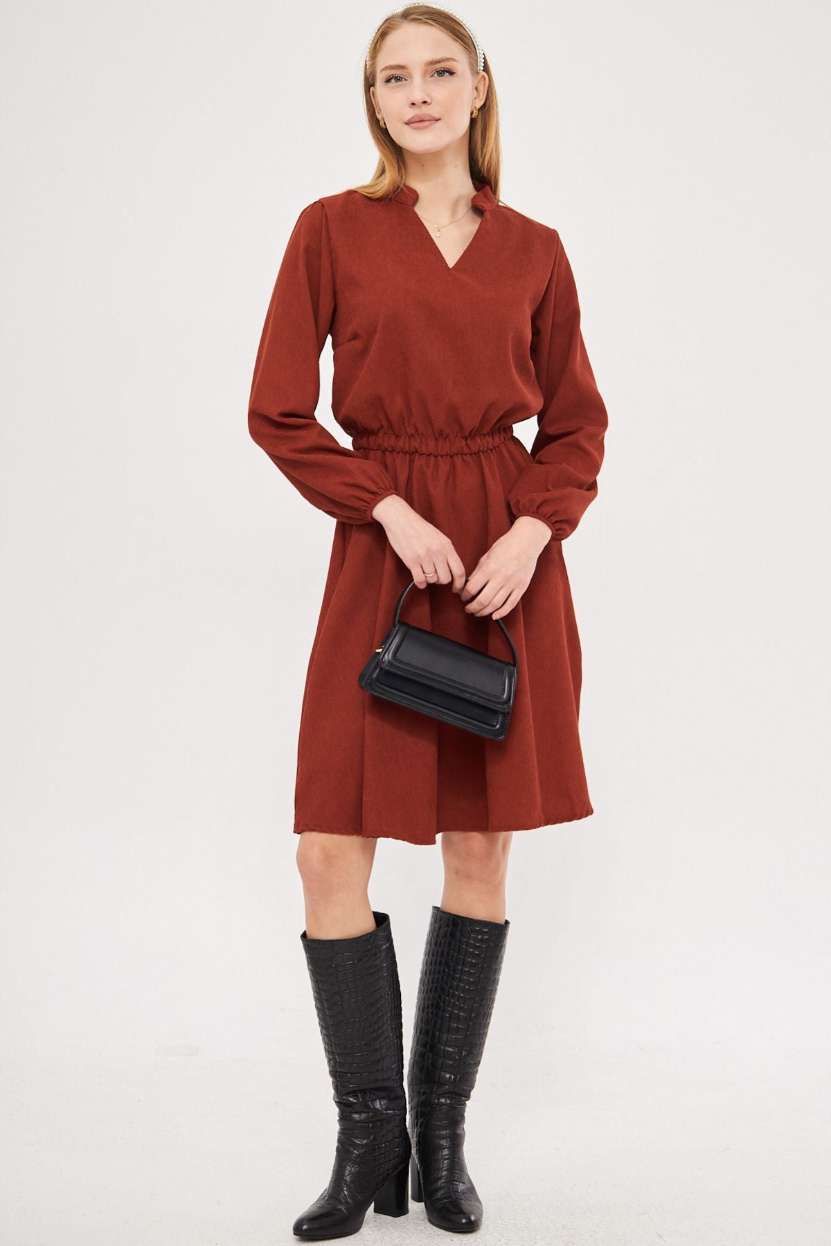 Female Tile Velvet V-Yaka Waist Tire Thin Fravable Clash Dress ARM-25K001049