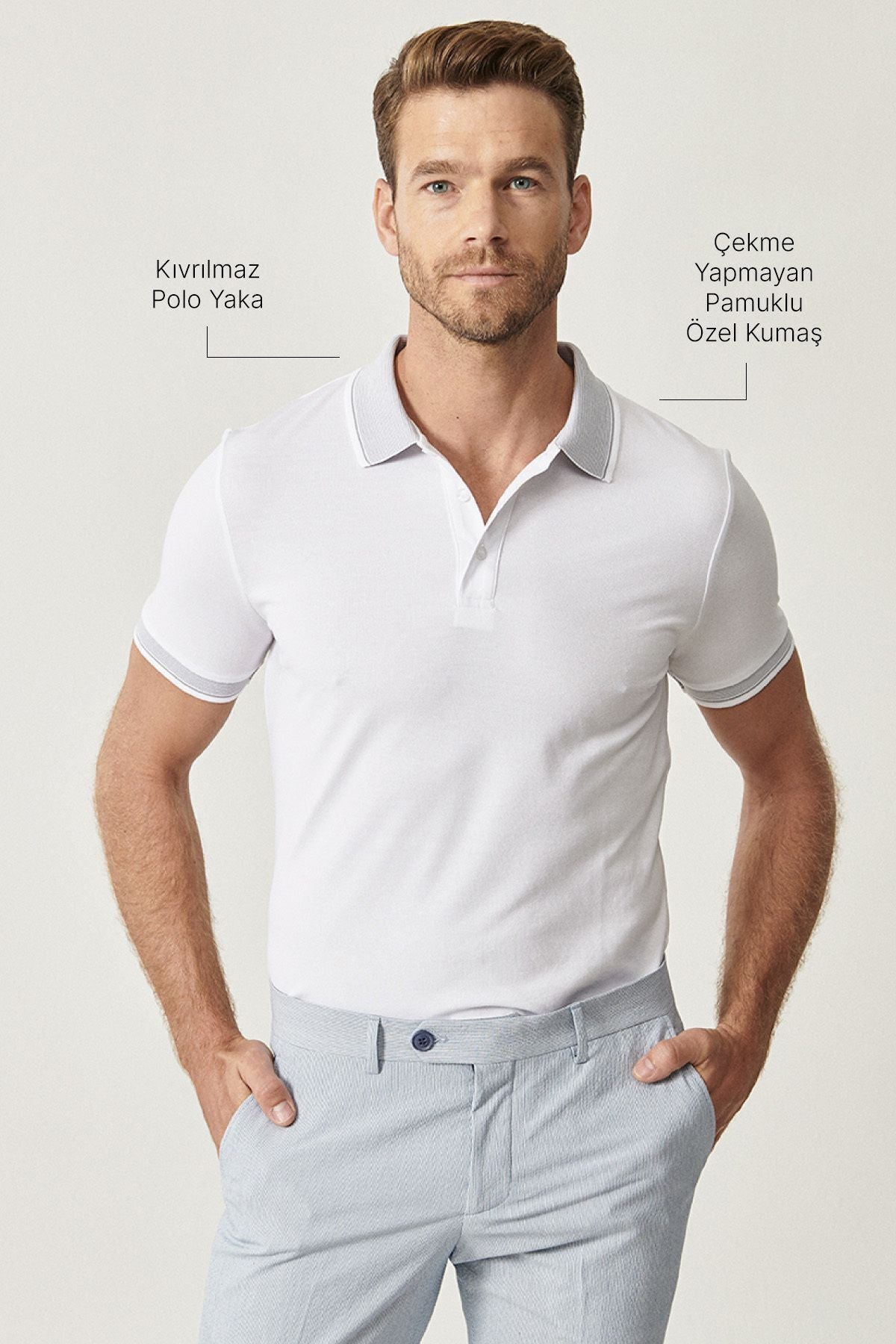 Men-Plugging Cotton Fabric Slim Fit Night Cut White Curlled Polo Yaka T-shirt