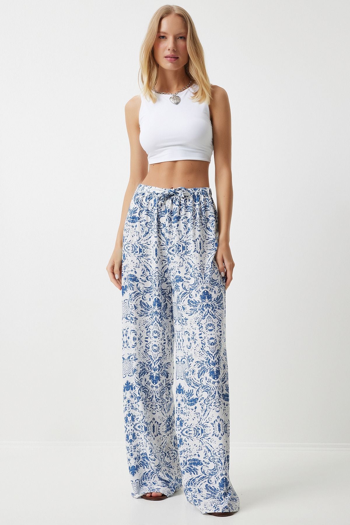 Woman Blue White High Waist Summer Plenty of viscose pants BH00354