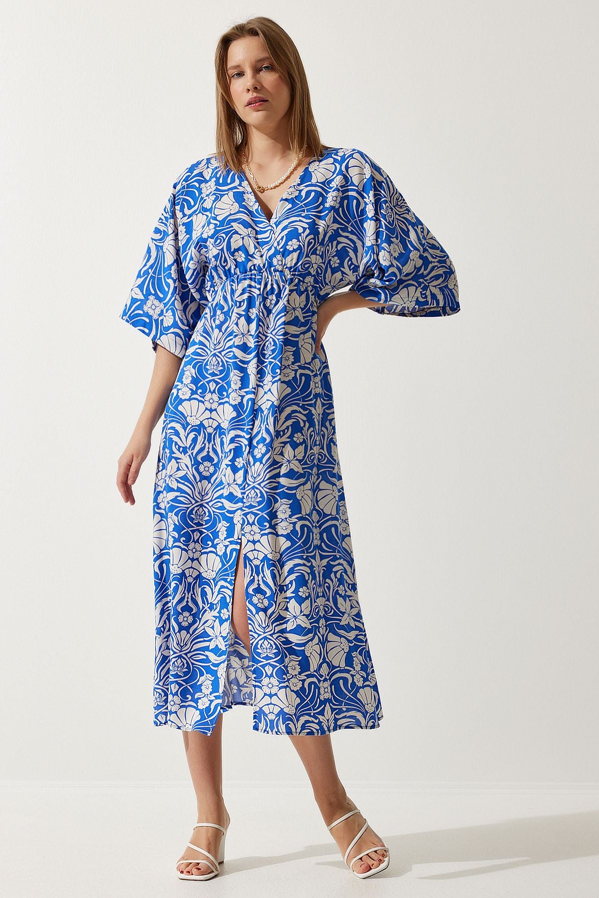 Woman Blue White Anvelop Yaka Patterned Summer Viscose Dress DK00166