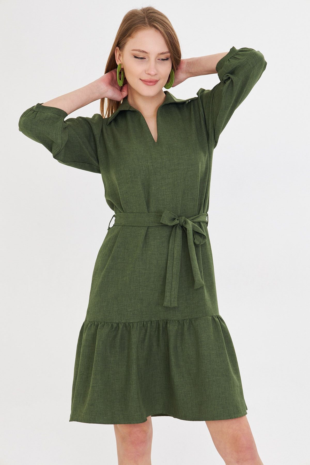 Female Green Shirt Neck Quarter Arm Waist Belled Skirt Shirred Dress ARM-25Y001010