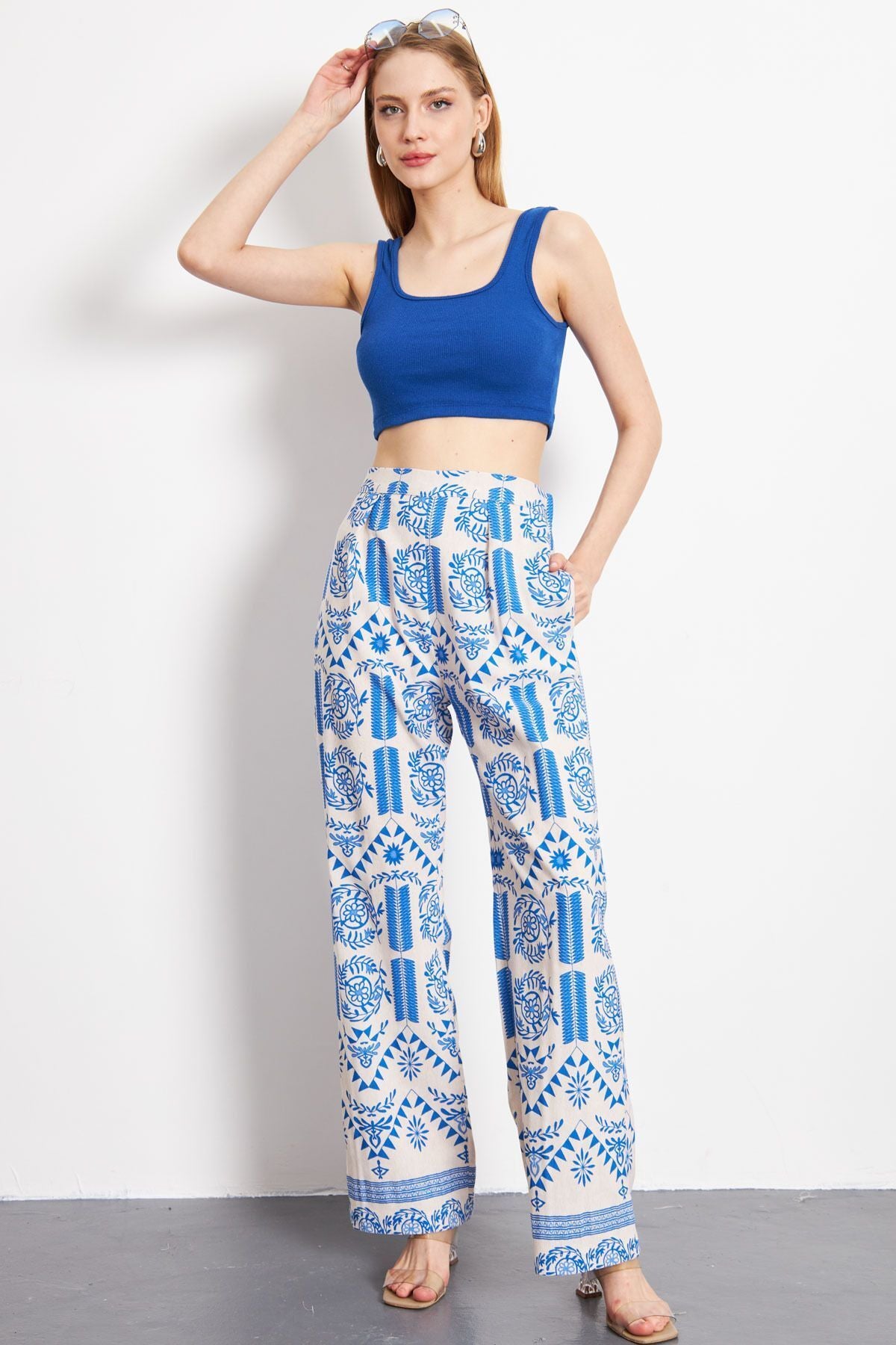 PALAZZO Pants with Patterned Patterned Blue Linen Look