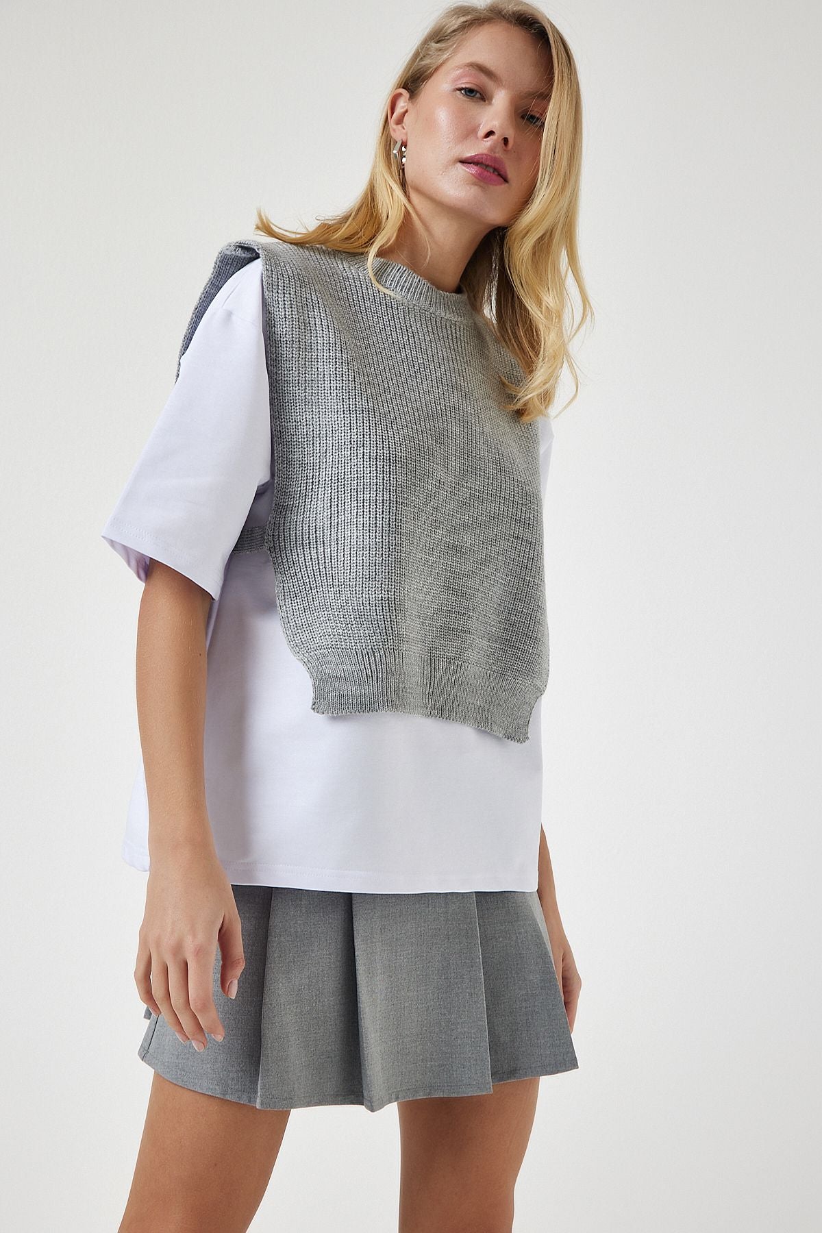 Women's Gray Süvetarli Knitting T-Shirt DP00201