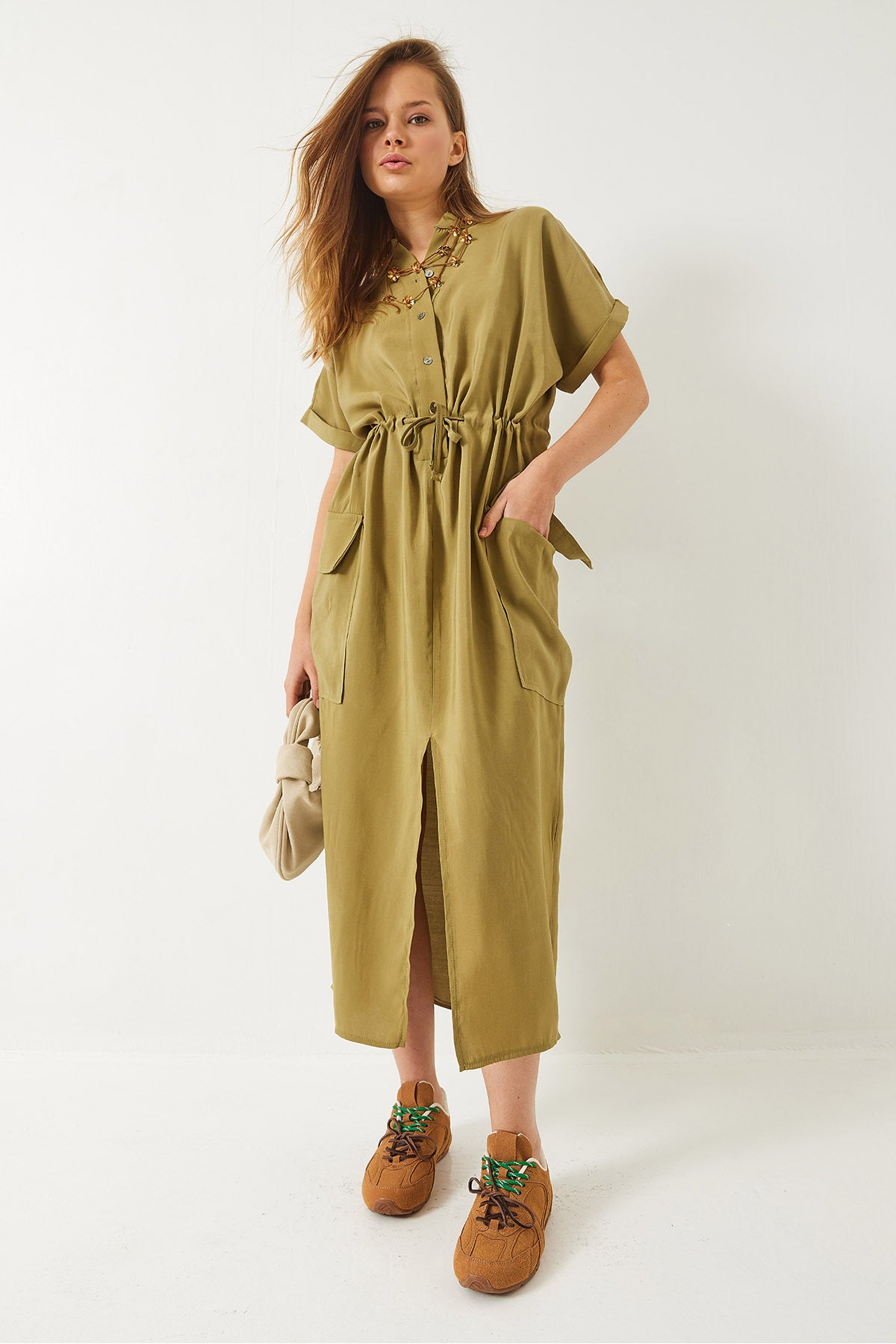 Women's Waist Tied, Front Slit, Bag Pocket Modal Dress 70316 60283001