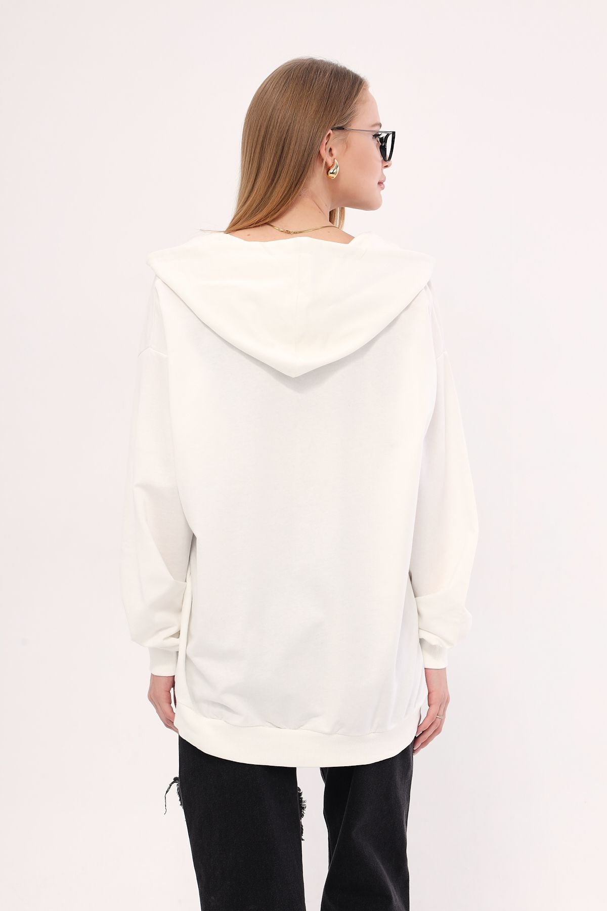 Woman White front zipper with hooded over the sweatshirt ARM-25K001024