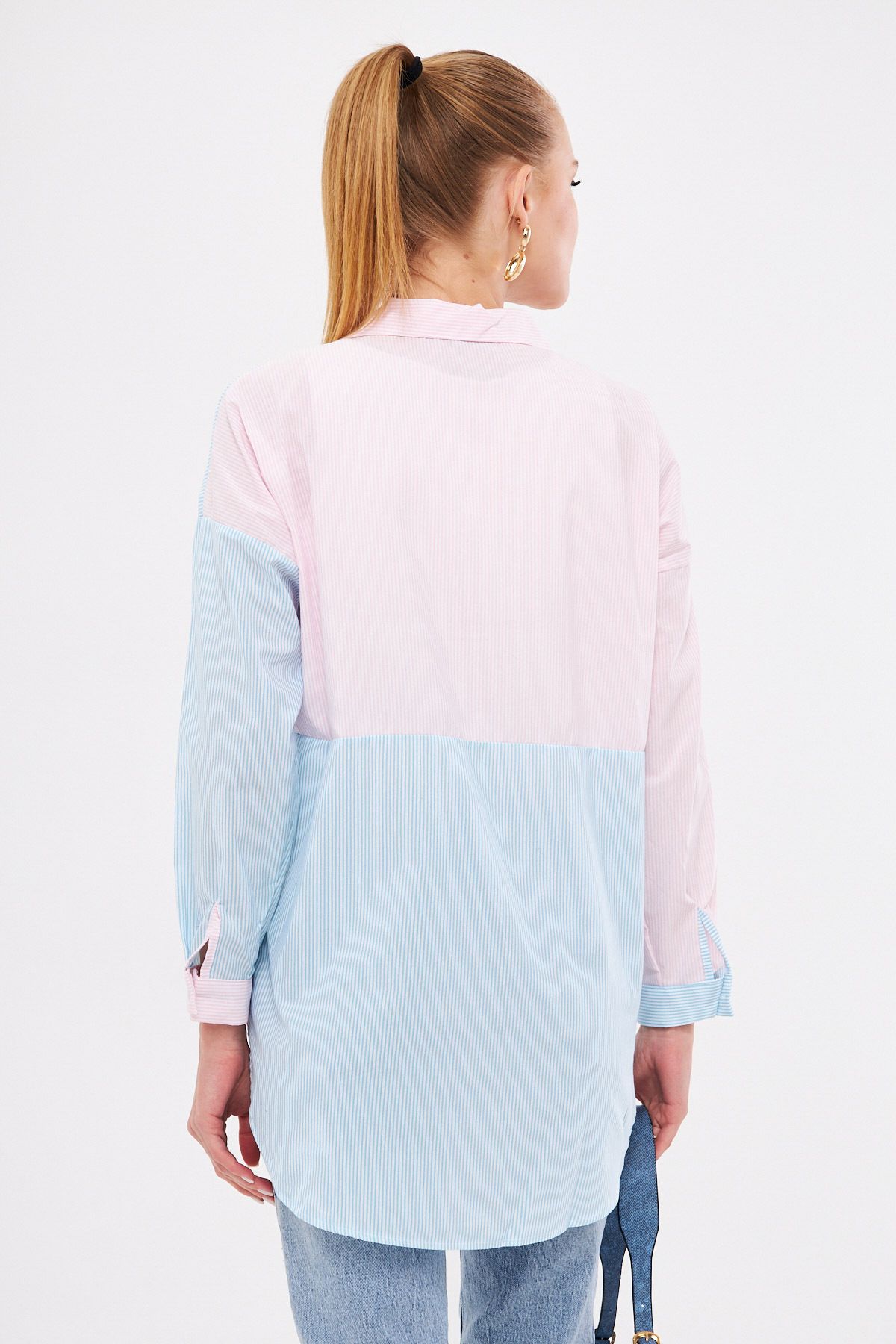 Woman Baby Blue Blue Striped Two Color Long Sleeve Shabby Shirt ARM-21K001193