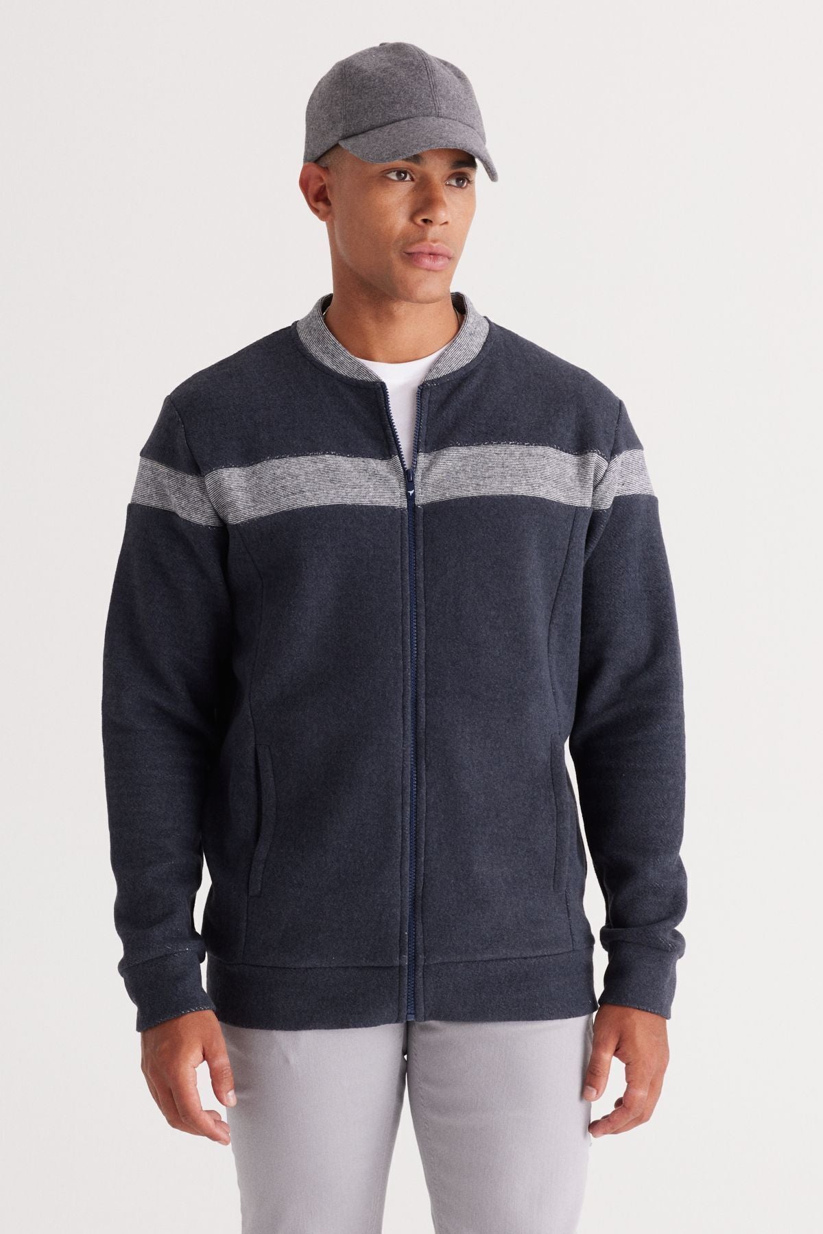 Men's Indigo Melanj Oversize Fit Plenty Cut Içi Polar 3 IP College Cotton Cotton Sweatshirt Jacket