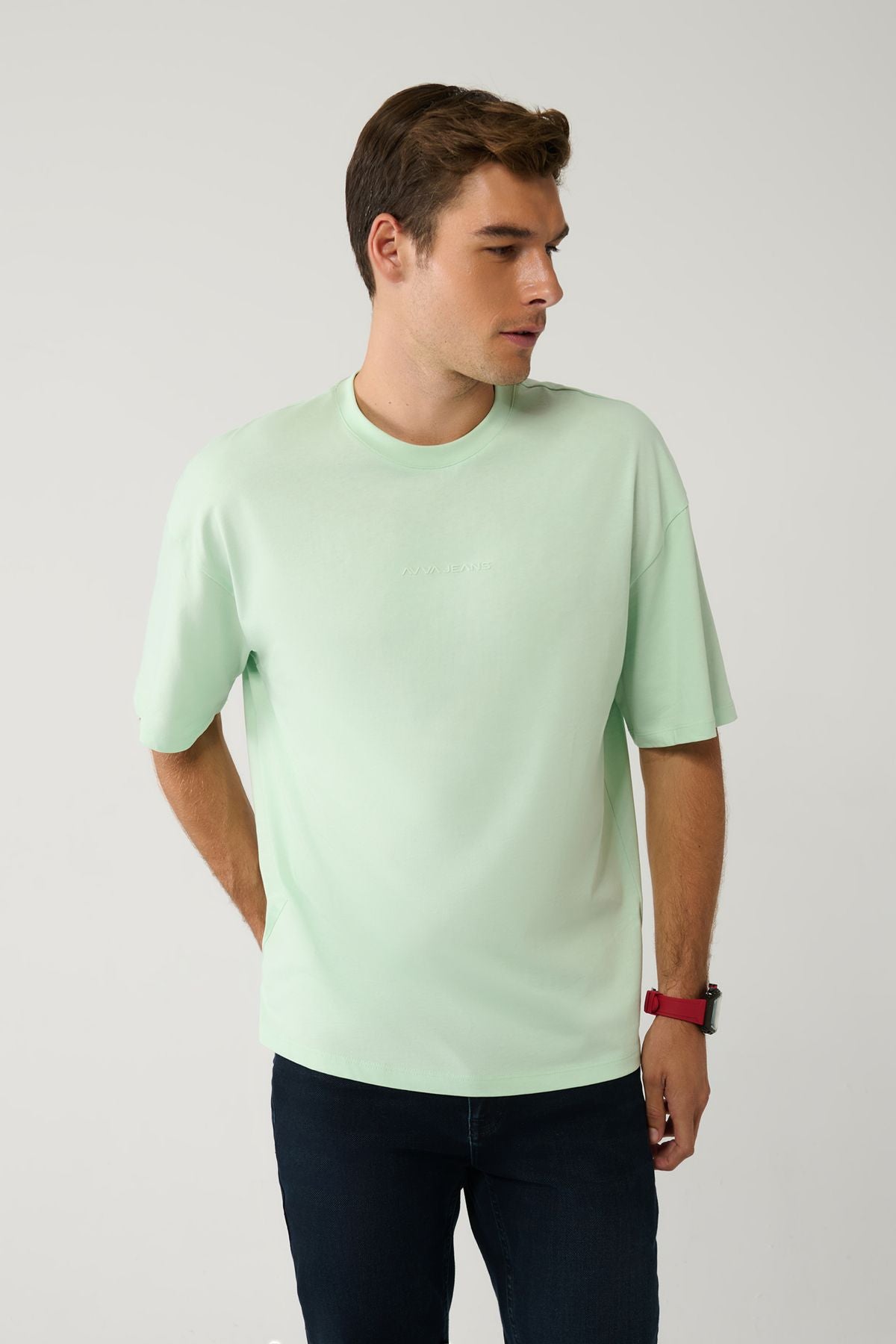 Men's Mint Green T-shirt Crew Neck Printed Cotton Oversize E001037