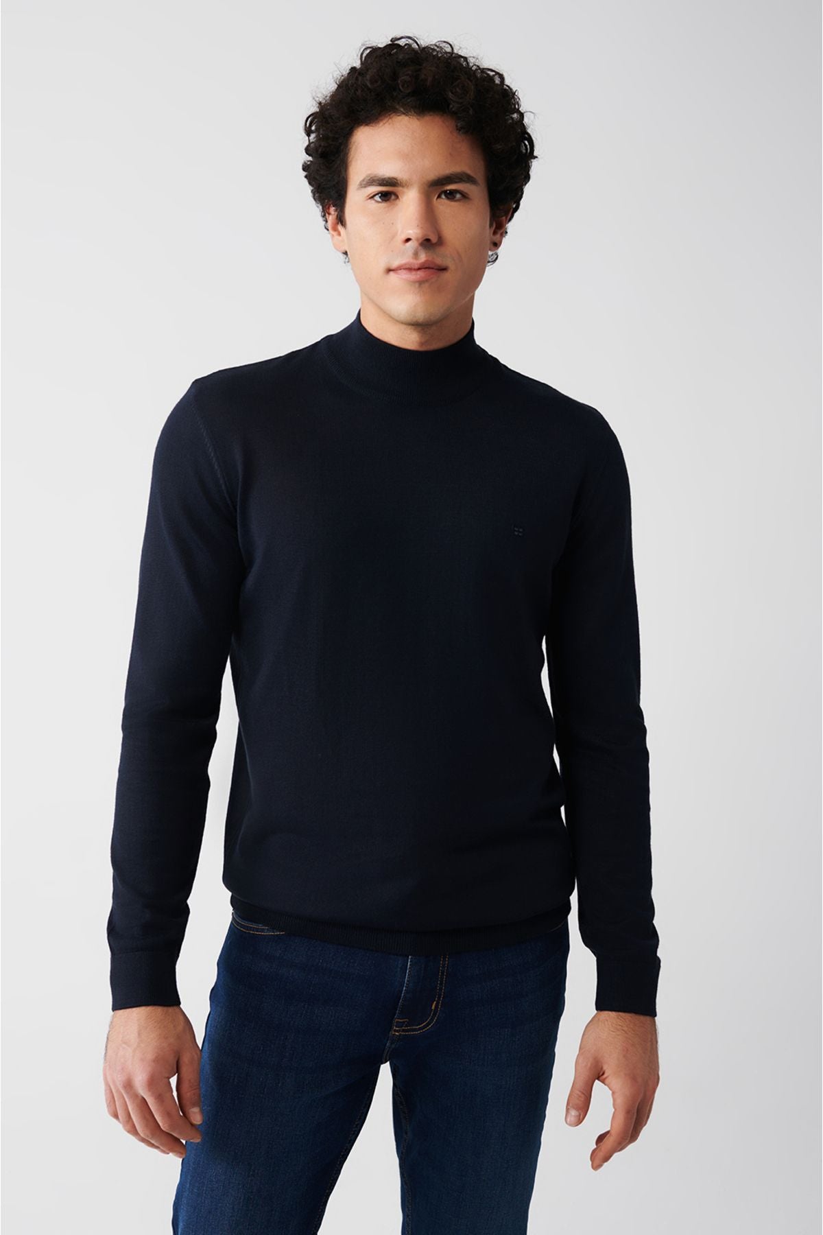 Men's navy blue half fisherman collar wool mixed knitwear sweater B005015