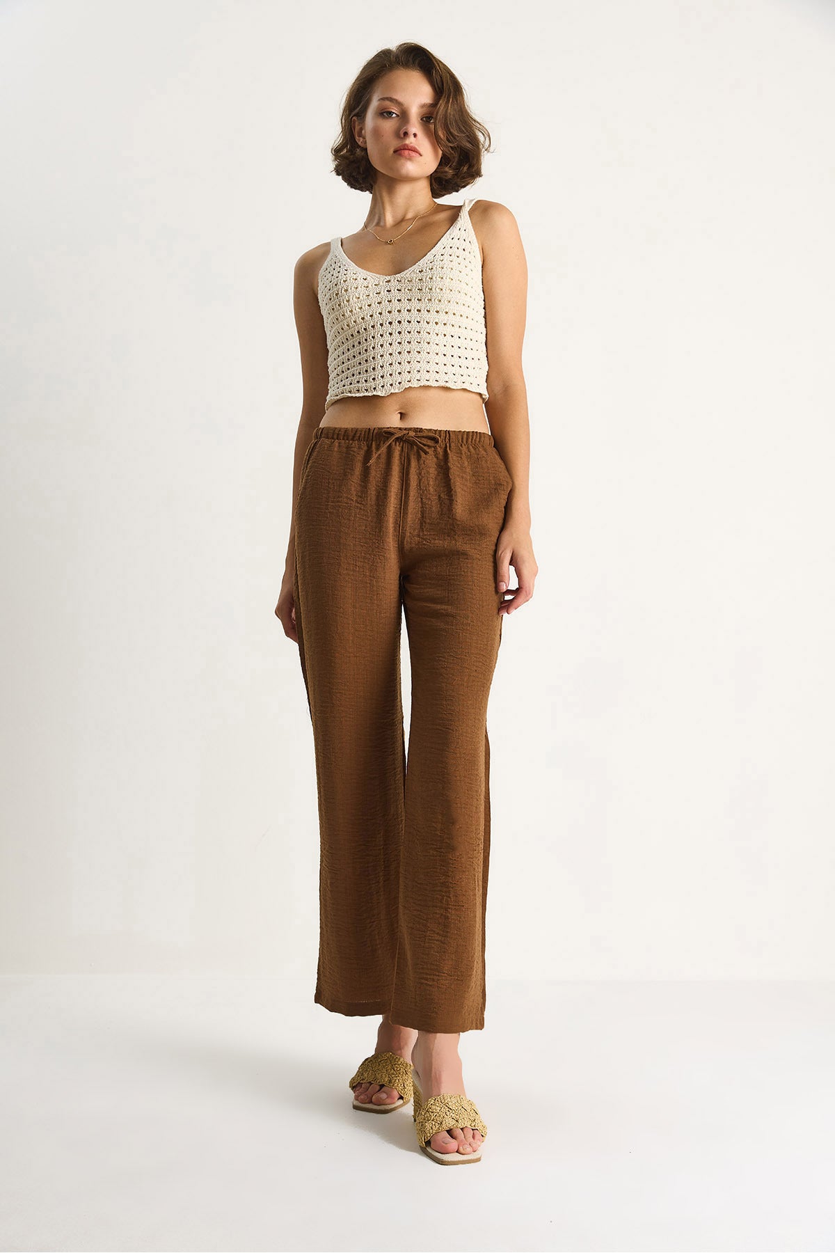 Women's Tie Waist Pocket Detailed Linen Palazzo Trousers R6675 60283146
