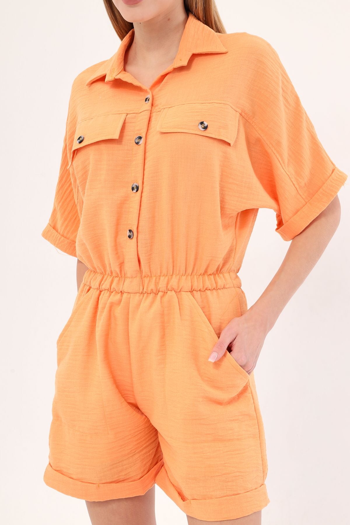 Woman Open Orange Bat Sleeve Pocket Waist Waist Short Short Shores Arm-23y001075